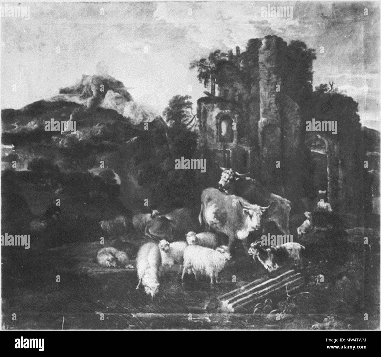 L'Italienne 301 Paysage montagneux avec des animaux près d'une ruine par Michiel carrée Banque D'Images
