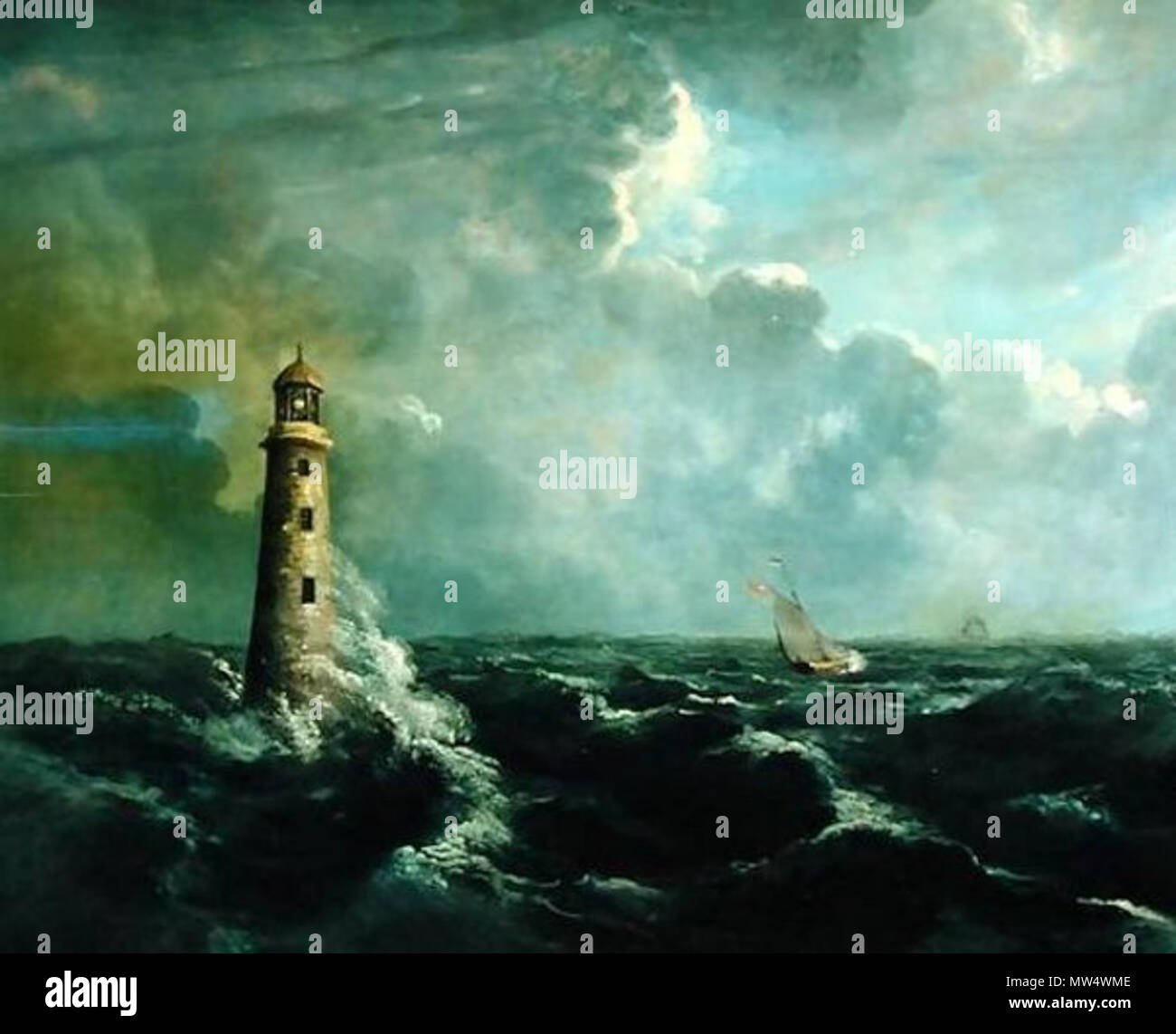 . Anglais : Seascape-avec-phare . 18 septembre 2015. Charles Codman (1800-1842) 549 marins avec le phare Banque D'Images