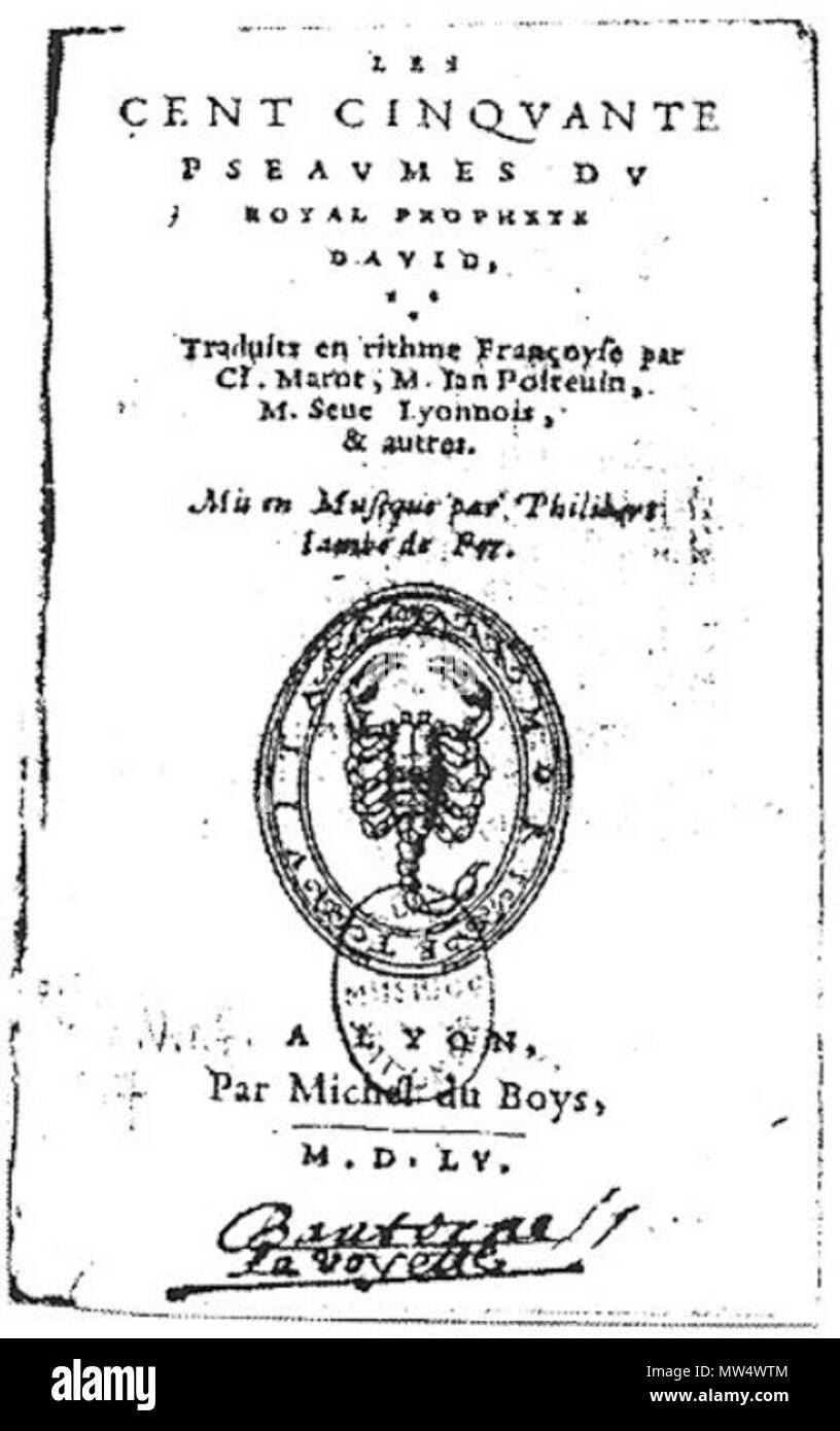 . English : Page de titre des 150 psaumes mis en musique par Philibert Jambe de Fer (Lyon, 1555). 24 août 2015. Lyon : Michel Du Boys, 1555. 306 Jambe de Fer 1555 Banque D'Images . English : Page de titre des 150 psaumes mis en musique par Philibert Jambe de Fer (Lyon, 1555). 24 août 2015. Lyon : Michel Du Boys, 1555. 306 Jambe de Fer 1555 Banque D'Images