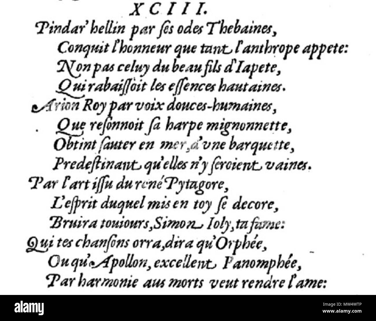 Français : Le sonnet de Philibert Bugnyon citant le musicien Simon Joly  (Lyon, 1557). 24 août 2015. Lyon : Jean Temporal, 1557. 323 Joly Bugnyon  Photo Stock - Alamy