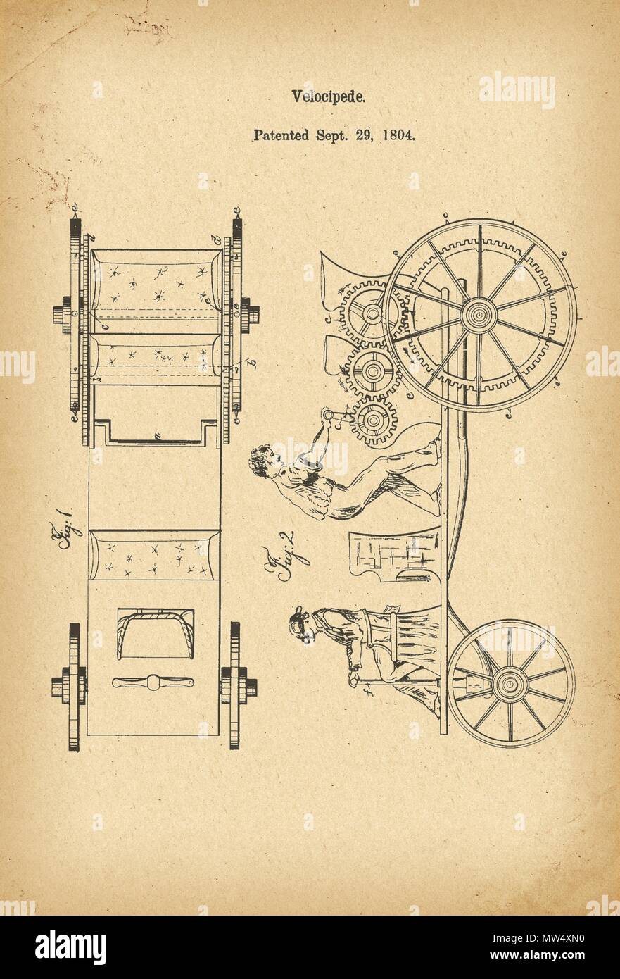 Brevet 1804 invention de l'histoire de vélo vélocipède Banque D'Images