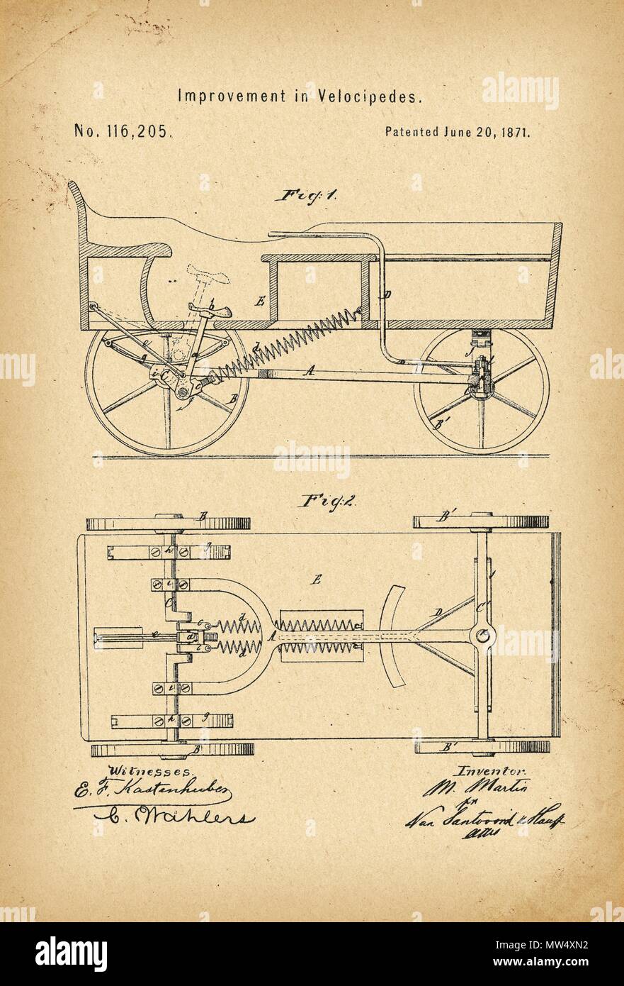 Brevet 1871 invention de l'histoire de vélo vélocipède Banque D'Images