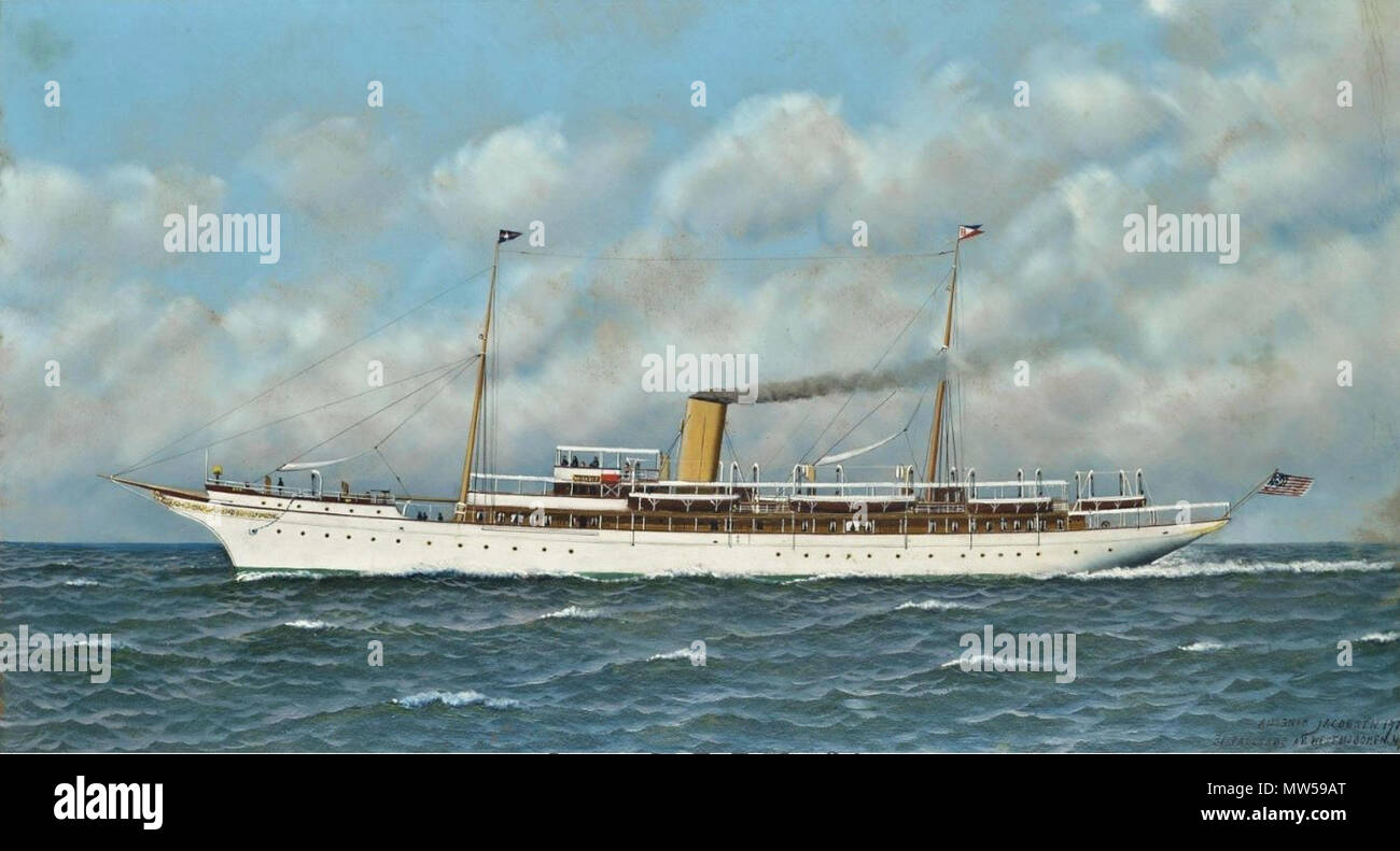 . Anglais : Antonio Nicolo Gasparo Jacobsen (né en 1850 à Copenhague et mort le 1921 à Hoboken, New Jersey) Le New York Yacht Club yacht à vapeur de Vanadis en mer. Signée et datée 'inscrit, ANTONIO JACOBSEN. Palissade 1911/31 AV. WEST HOBOKEN. N.J.' (en bas à droite). Huile sur panneau 20 x 36 in. (50,7 x 91,5 cm.) La photographie est cousue et légèrement retouché en haut à gauche et en bas au centre . 1911. Antonio Jacobsen (1850-1921) Noms alternatifs Antonio Nicolo Gasparo Jacobsen Description peintre américain Date de naissance/décès 2 Octobre 1850 2 février 1921 Emplacement de birt Banque D'Images