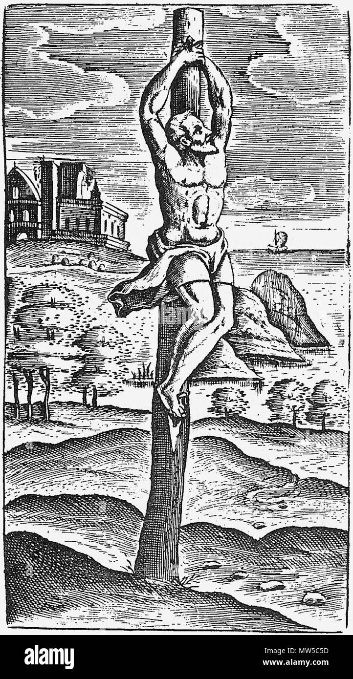 . English : 'Crux simplex', un simple jeu de torture en bois, selon le mot grec classique 'stavros' ('σταυρός'), par Juste Lipse (1547-1606), De Cruce Libri Tres, Anvers, 1629, p. 19. Ελληνικά : Crux simplex (Νέα Ελληνικά : απλός σταυρός μονός σταυρός,), από το έργο Ιούστου Λίψιου του (1547-1606), De Cruce Libri Tres, Άντβερπ, 1629, σ. 19. Polski : "Crux simplex", prosty drewniany pal egzekucyjny znaczeniem zgodnie, ze słowa "stauros" (σταυρός) w klasycznej grece, Juste Lipse (1547-1606), De Cruce Libri Tres, Antwerpia, 1629, s. 19. 11 mai 2007. Pvasiliadis 330 Bâtiment Justus Lipsius Crux Simpl Banque D'Images