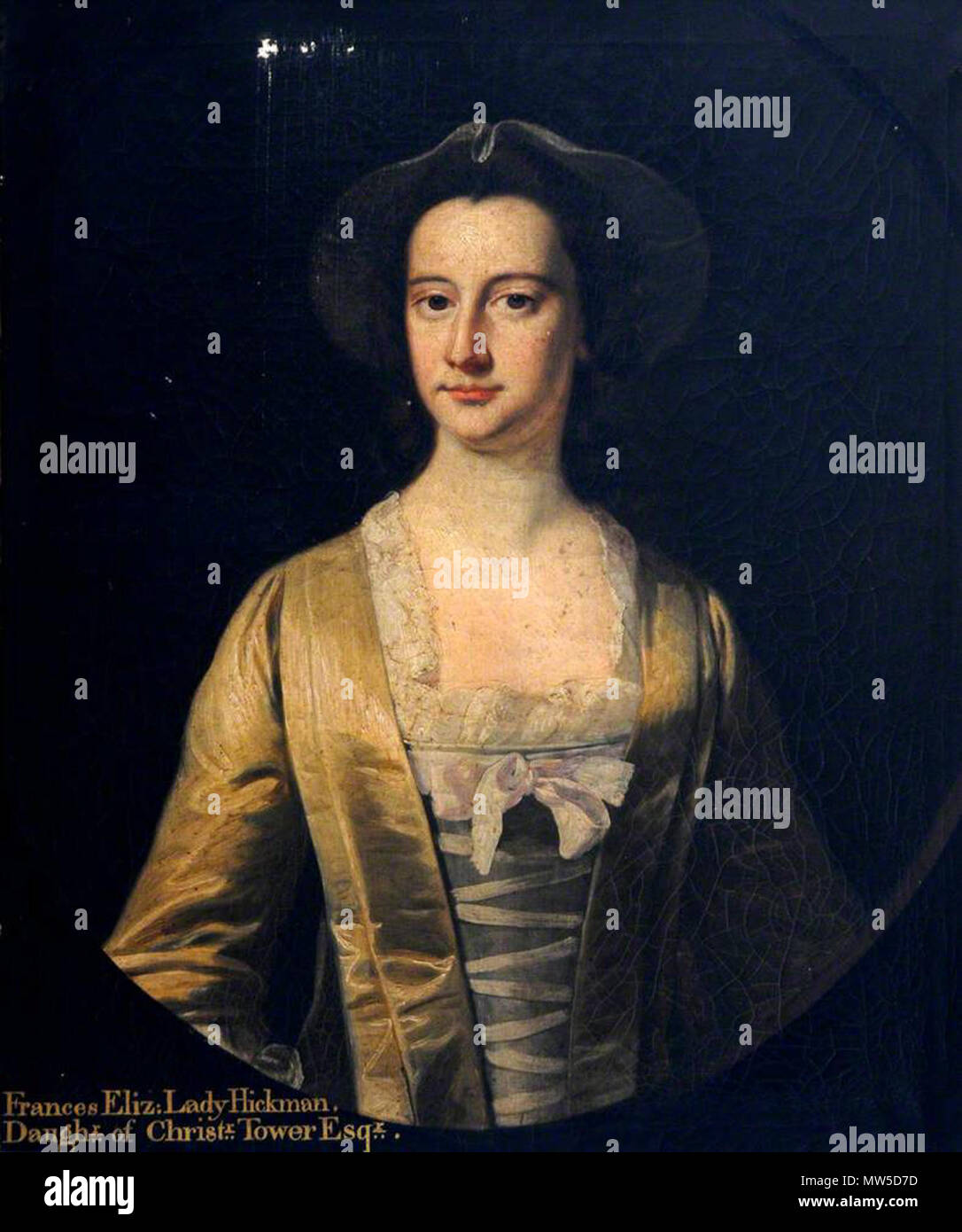 . Anglais : Portrait de Frances Elizabeth, Dame Hickman, demi-longueur, le port d'un noeud de satin et de couleur chamois robe sans col et hat - avec inscription, dans un ovale peint . Entre 1700 et environ vers 1750. Cercle de Henry Pickering 214, Lady Elizabeth Frances Hickman Banque D'Images