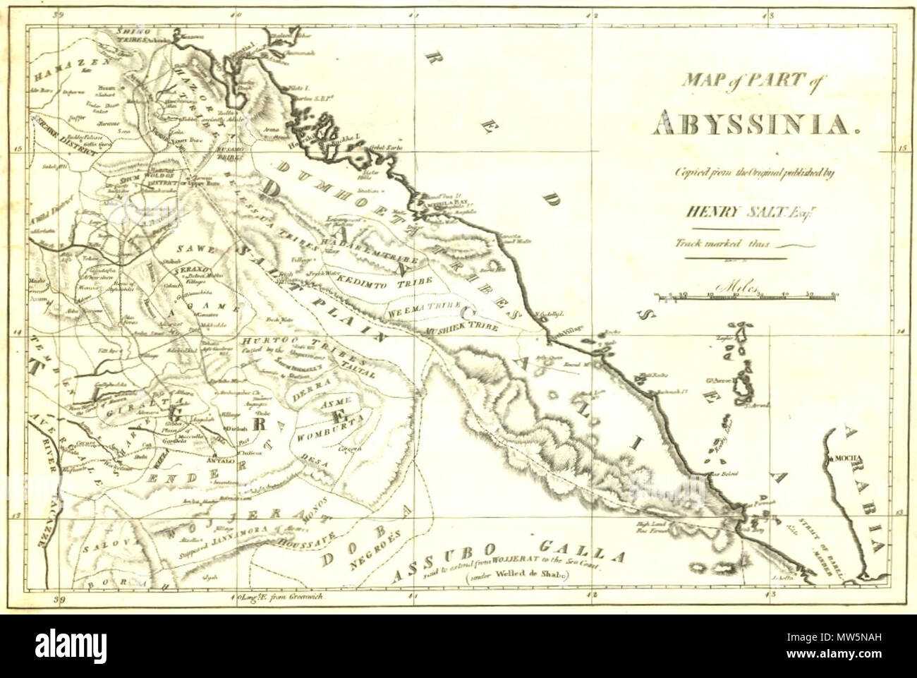 . C'est très petit et très mauvaise copie de 'Map de la partie de l'Abyssinie", qui est apparu comme un frontispice dépliante de Henry Salt's 1814 Un Voyage en Abyssinie. D'abord publié en 1814. Peut-être le sel. 393 La carte d'une partie de l'Abyssinie Banque D'Images