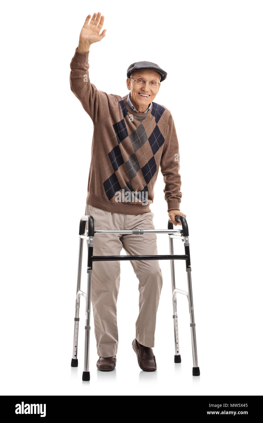 Portrait d'un senior avec une marchette en agitant à la caméra isolé sur fond blanc Banque D'Images