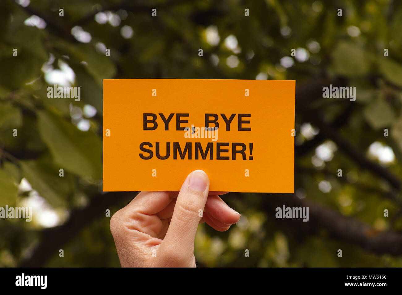 Bye, bye l'été ! Mains courantes feuille de papier jaune qui dit Bye, bye l'été !. Close up. Banque D'Images