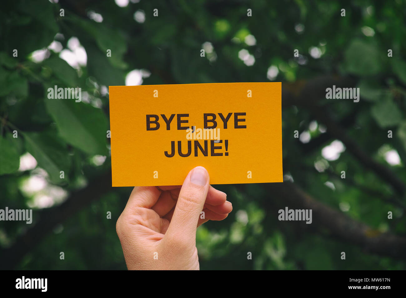 Bye, bye Juin ! Mains courantes feuille de papier jaune qui dit Bye, bye Juin !. Close up. Banque D'Images
