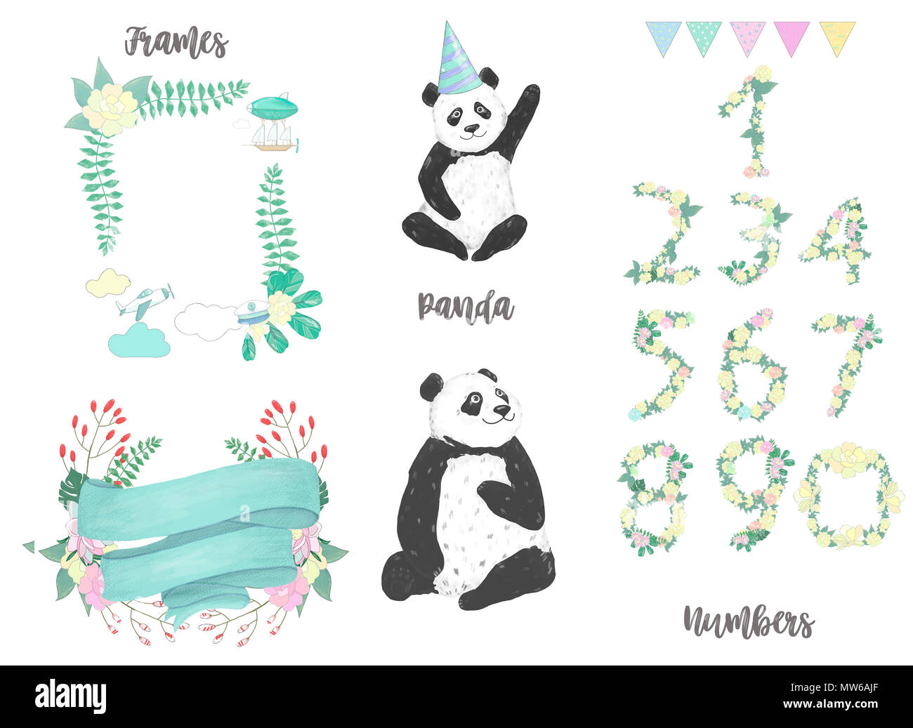 Clip Art Panda Animaux Dessin Pour Les Cartes D Anniversaire Celebration Ensemble De Nombres Pandas Et Trames Sur Bakcground Blanc Photo Stock Alamy