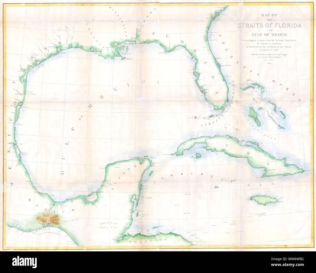 . Plan de le détroit de Floride et le golfe du Mexique. Pour accompagner un rapport du Département du Trésor d'Israël D. Andrews dans l'obéissance à la résolution du Sénat du 8 mars 1851. Anglais : c'est une rare costal grand format complet organigramme de la côte du golfe du Mexique, la Floride, les Bahamas, l'Isthme de Tehuantepec, Yucatan, Cuba et la Jamaïque. Il a été publié en 1852 d'accompagner Israël D. Andrews' rapport au Sénat. Représente les villes côtières et les ports, les hauts-fonds au large des côtes, de buttes, des récifs, des banques et d'autres dangers nautiques et quelques détails à l'intérieur des terres, en particulier dans l'important overlan Banque D'Images