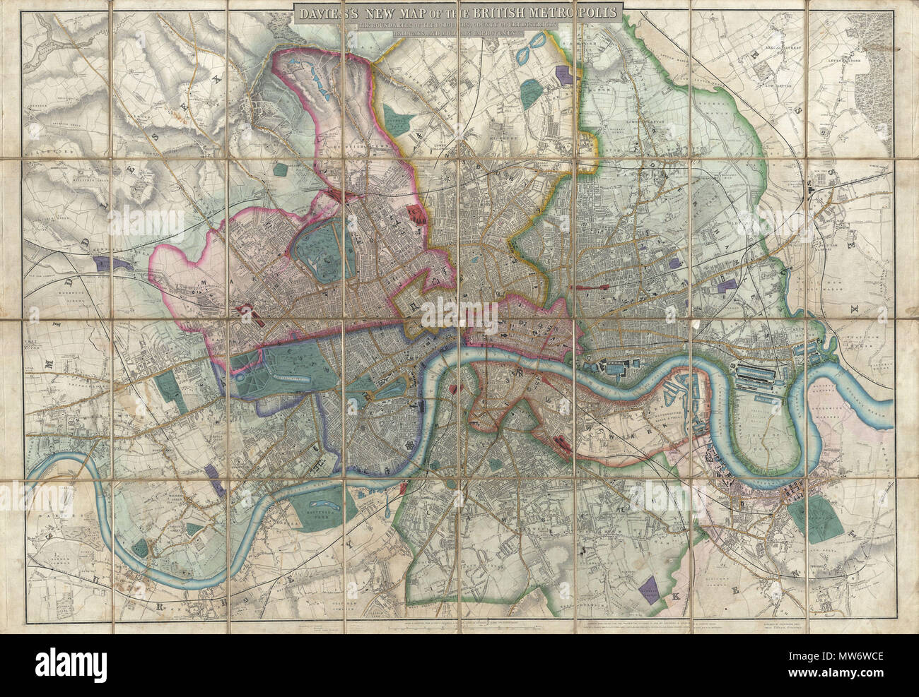 . Davies de neuf Carte de la métropole britannique, les limites des arrondissements, districts de la Cour de comté, les chemins de fer, et des améliorations modernes. Anglais : rare, extraordinaire, et joliment gravée 1852 carte de cas ou une poche de plan de Londres, en Angleterre, par B. R. Davies. Couvre le centre de Londres Chiswick de l'est à la portée et l'Bugsby Victoria Docks, s'étend au nord jusqu'à Stamford Hill, et au sud aussi loin que Nunhead Cemetery. Davies a d'abord publié cette carte en 1848 et mis à jour régulièrement et dans les années 1870. Dans la période entre 1830 et 1865, Londres a connu une période extraordinaire de l'expansio Banque D'Images