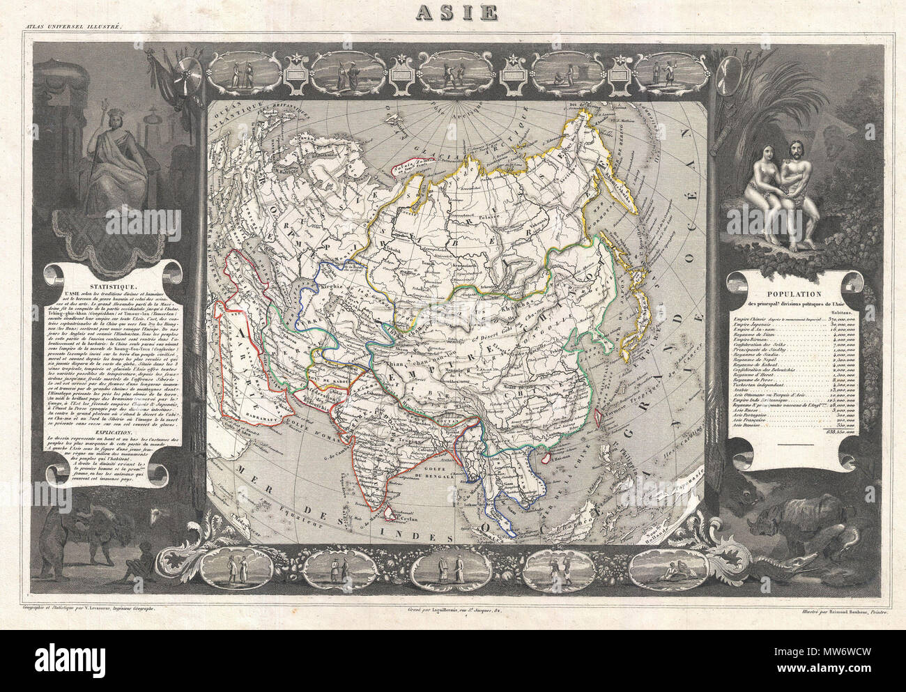 . Asie. Anglais : un site de décoration d'Asie datant de 1852, par l'éditeur français Victor Levasseur. Couvre l'ensemble du continent de l'Asie ainsi que certaines parties des parties adjacentes de l'Europe et l'Afrique. Montre l'Empire chinois au Tibet et en Mongolie. En Asie du Sud Est les royaumes de l'Annam, Chochine, Tonkin, Siam, et de la Birmanie sont indiquées. Singapour est identifié. L'Afghanistan est divisé dans le royaume de Kaboul, le Royaume d'Heral, et la Confédération des Belouchistan. Plusieurs îles de l'Arctique russe, y compris la Zembla et la Nouvelle Sibérie Îles sont cartographiés vaguement. Curieux Banque D'Images