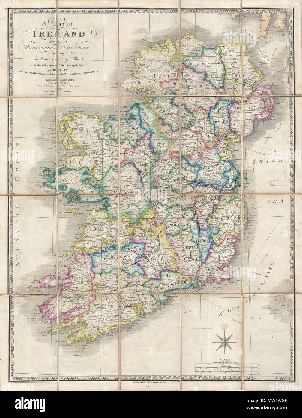 Une Carte De L Irlande Divisee En Provinces Et Comtes Qui Fais Le Grand Et Traverser Des Routes Avec Des Distances Des Principales Villes De Dublin Aussi Les Communications A Vapeur Entre