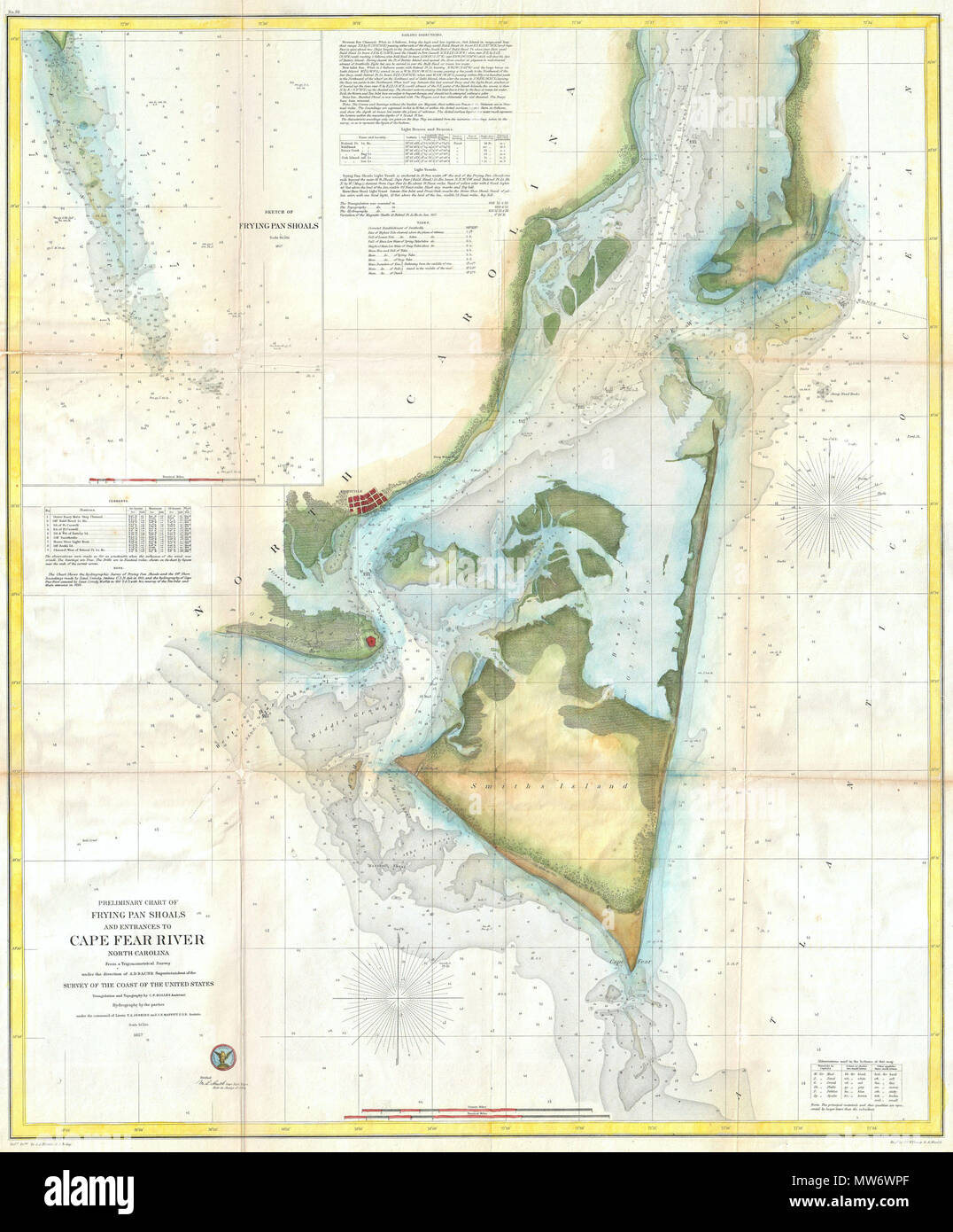 . Tableau Préliminaire de poêle Shoals et entrées de Cape Fear River la Caroline du Nord. Anglais : l'un des plus grands et les plus frappants U.S.C.S. Les cartes de Cape Fear de la Caroline du Nord. S'étend du point Fédéral sud vers le haut de Cape Fear et ensuite à l'ouest passé Smithville et Fort Caswell à Oak Island (environ 95.21 Longitude). Quadrant supérieur droit dispose d'un encart détaillé de la poêle Shoals qui s'étendent au sud de la partie supérieure de Cape Fear. Offre de superbes détails côtières de la Caroline du Nord continentale, ainsi que Smith's Island et Fédéral Point. D'un point de vue nautique Le site offre une richesse Banque D'Images