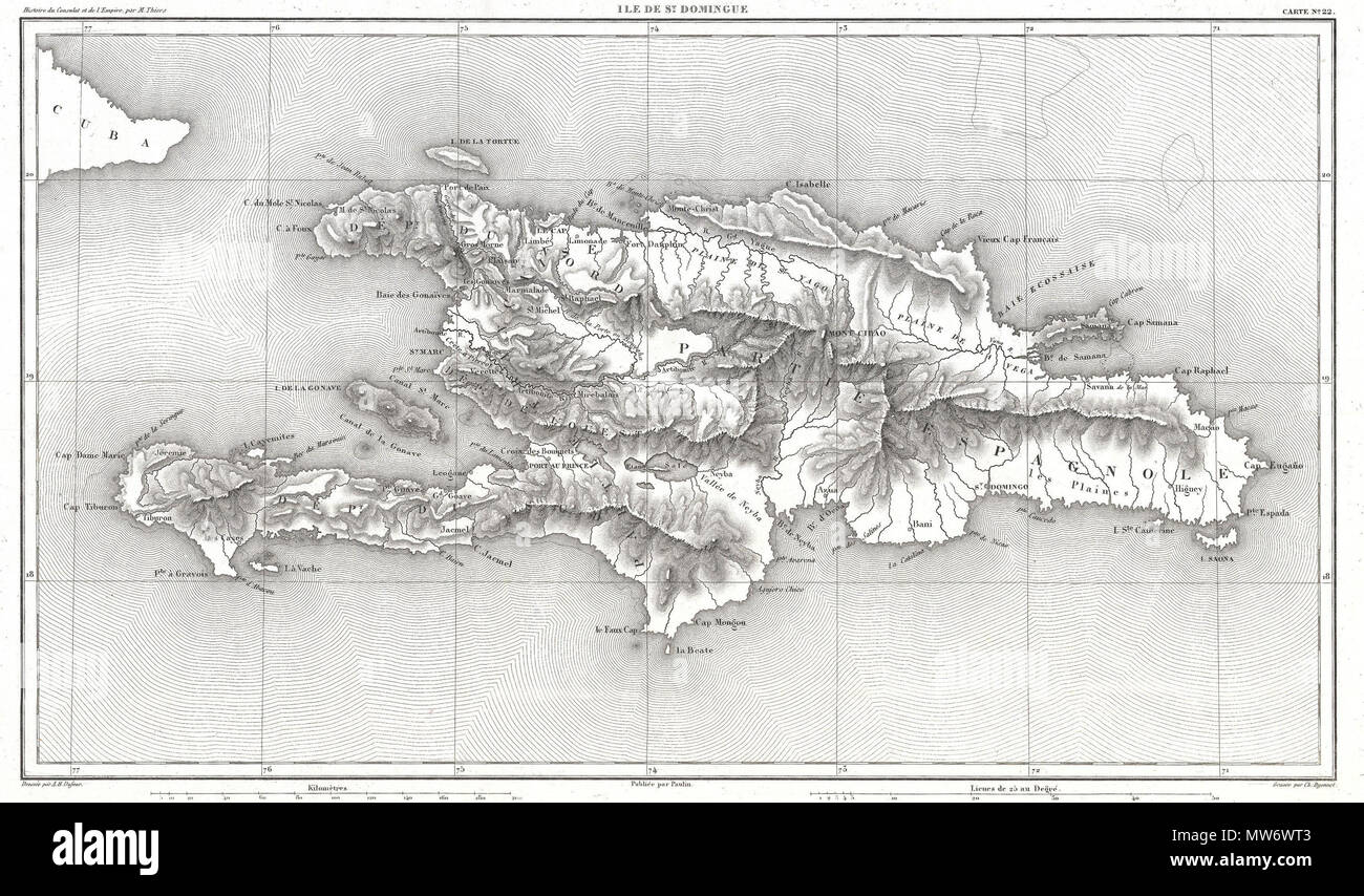. Ile de Saint Domingue. Anglais : une belle carte gravée de l'Antilles île d'Haïti ou Saint-domingue par le cartographe français Août Henri Dufour. Couvre toute l'île en détail topographique en grève. Identifie les villages, villes, rivières, lacs, montagnes, et divers hauts-fonds sous-marins et récifs. Mont noms Cibao, dans la partie centrale de l'île, où Colomb célèbre n'a pas réussi à trouver de riches mines d'or. Aujourd'hui, cette île est divisée entre la République dominicaine et Haïti. Dessiné par A. H. Dufour et gravé par Charles Dyonnet pour cause comme la carte no 22 dans M. A. Thiers' Histoire de Banque D'Images