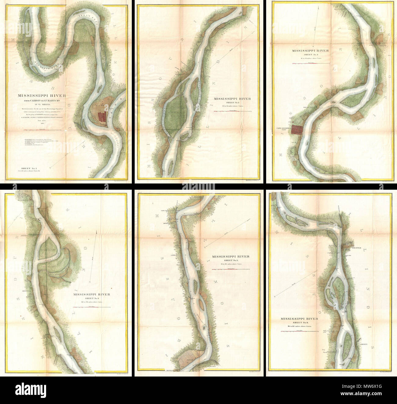 . Mississippi River de l'Illinois Du Caire à St Mary's Missouri en VI Feuilles. Reconnaissance pour l'utilisation de l'Escadron du Mississippi sous le commandement du contre-amiral intérimaire S.P.L.E.E, U.S.N. Par la partie de E. H. Gerdes, Assistant ; attribué par A.D. Bache, Supdt. United States Coast Survey. Anglais : Il s'agit d'un important et rarement vu ensemble complet de six cartes à partir du 1865 U.S. Coast Survey cartographie du fleuve Mississippi. Préparé par F. H. Gerdes, cet ensemble de cartes de détails le territoire de l'Illinois Du Caire à St Mary's Missouri. Au cours de la guerre civile américaine c'était une artère essentielle, la con Banque D'Images