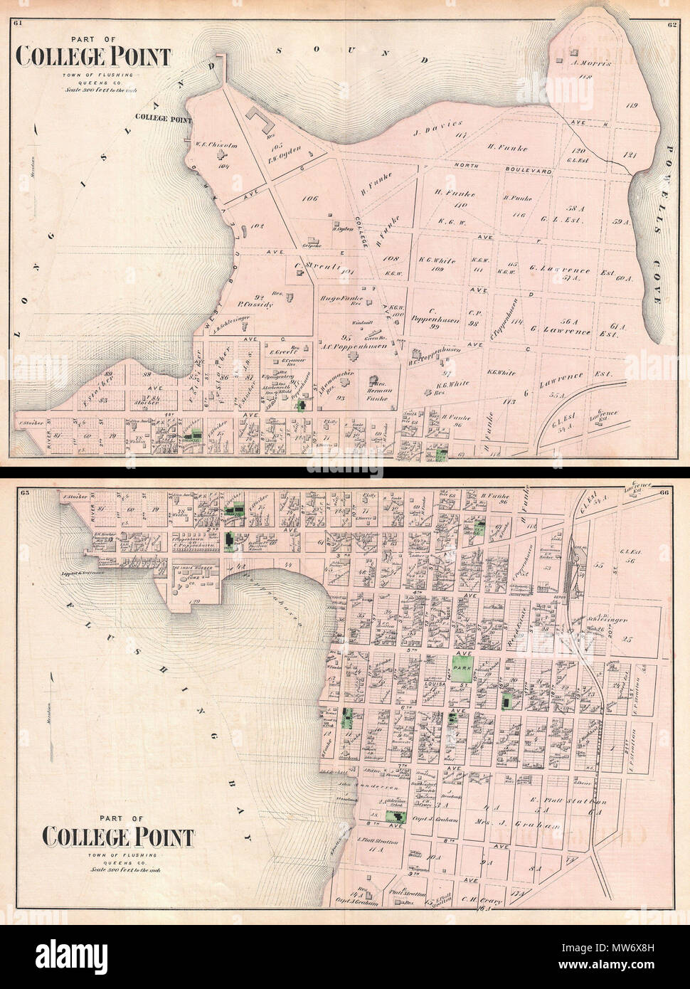 . Partie de College Point, Ville de Flushing, Queens Co. - Partie de College Point, Ville de Flushing, Queens Co. English : un rare exemple de Fredrick W. Beers' deux de l'ensemble de cartes de College Point, Queens, New York. Publié en 1873. La tôle inférieure couvre environ de ce qui était alors la 9e Avenue vers le nord aussi loin que ce qui était alors la 2e avenue. Drap de dessus continue à partir de la 2e avenue à College Point et le Long Island Sound. Limitée à l'est par la baie de rinçage et à l'ouest par Powells Cove. Enfouissement proposés dans le Long Island Sound et la baie de rinçage en fantôme. Plus d'immeubles particuliers et Banque D'Images