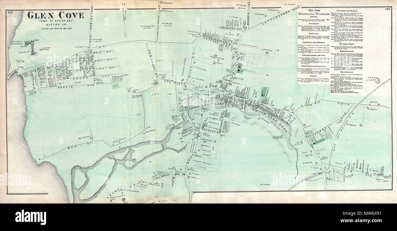 . Glen Cove, de la ville de Oyster Bay, Queens Co. English : un rare exemple de Fredrick W. Beers' cartes parties de Glen Cove, Queens, New York. Publié en 1873. Détaillées pour le niveau des propriétés individuelles et les bâtiments avec les propriétaires fonciers. C'est probablement la plus belle carte de l'atlas de Glen Cove, Queens, New York City, d'apparaître dans le 19ème siècle. Préparé par Beers, Comstock & Cline hors de leur bureau au 36 Vesey Street, New York City, pour inclusion dans le premier atlas publiés de Long Island, la question de 1873 Atlas du Long Island, New York. . 1873 (sans date) 10 Bières 1873 Plan de Glen Cove, Banque D'Images