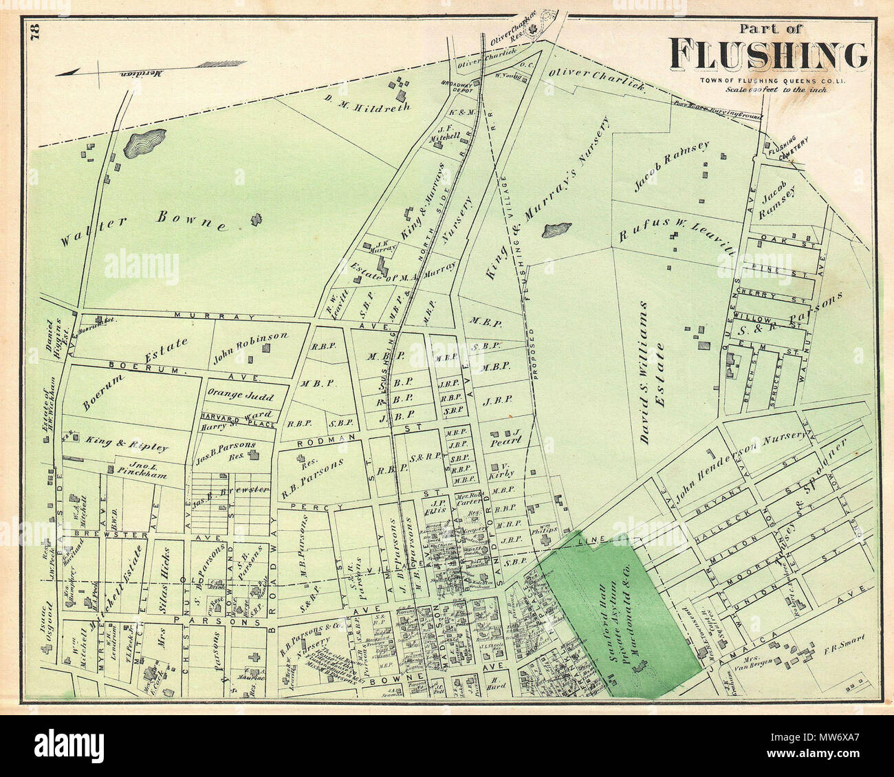 . Une partie de chasse. Ville de Flushing, Queens Co. English : un rare exemple de Fredrick W. Beers' cartes parties de Flushing, Queens, New York. Publié en 1873. Orientée vers l'Est. Couvre à peu près de Bayside Avenue south à Walnut Avenue. Sanford comprend Hall, le secteur de l'asile. Détaillées pour le niveau des propriétés individuelles et les bâtiments avec les propriétaires fonciers. C'est probablement la plus belle carte de l'atlas de cette partie de Queens, New York, pour apparaître dans le 19ème siècle. Préparé par Beers, Comstock & Cline hors de leur bureau au 36 Vesey Street, New York City, pour inclusion dans le premier publier Banque D'Images