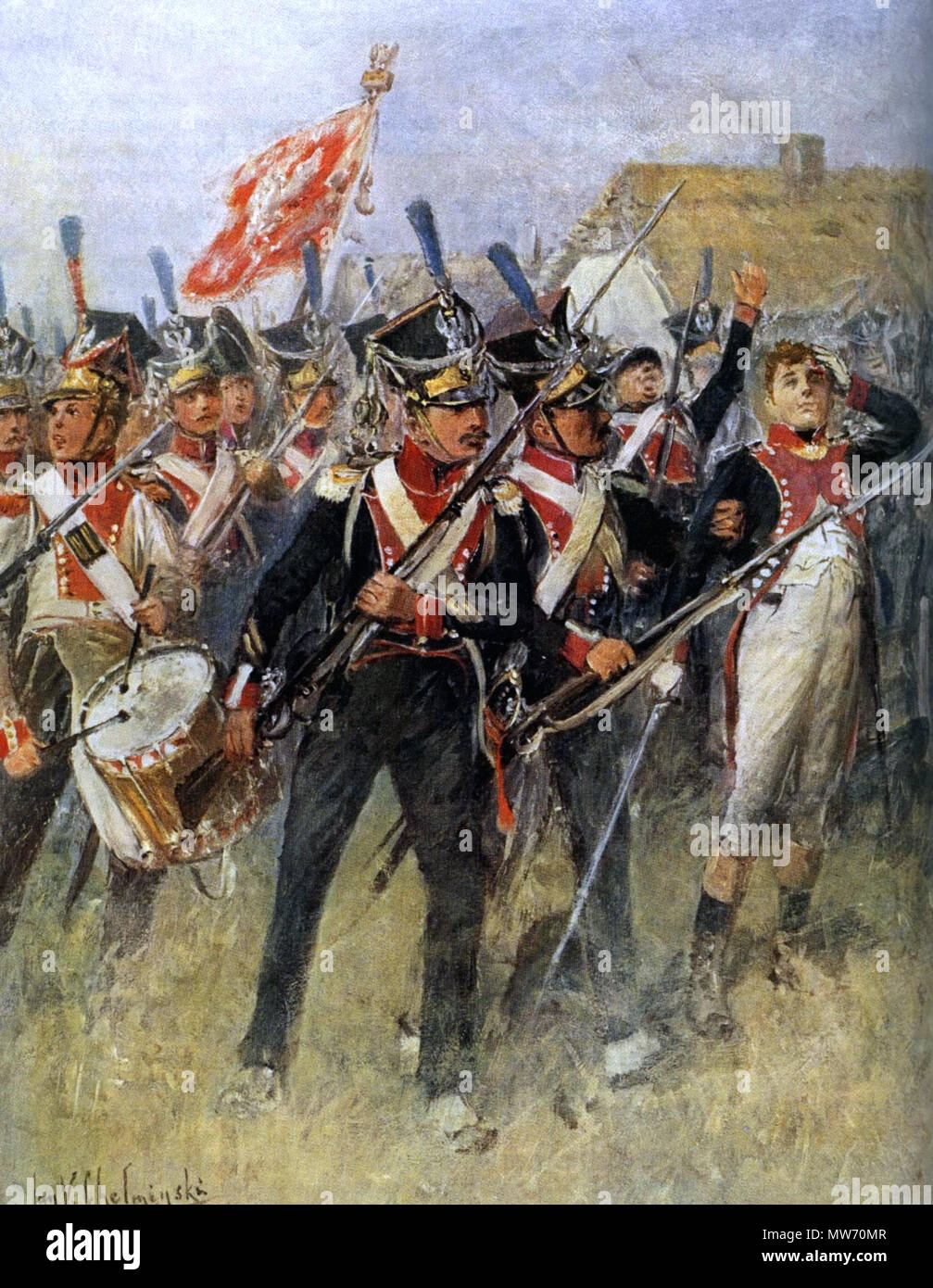 . 8e Régiment d'infanterie de Duché de Varsovie lors de la bataille de Raszyn en 1809 . avant 1925. Jan Chełmiński (1851-1925) 19 8e Régiment d'infanterie de Duché de Varsovie Banque D'Images