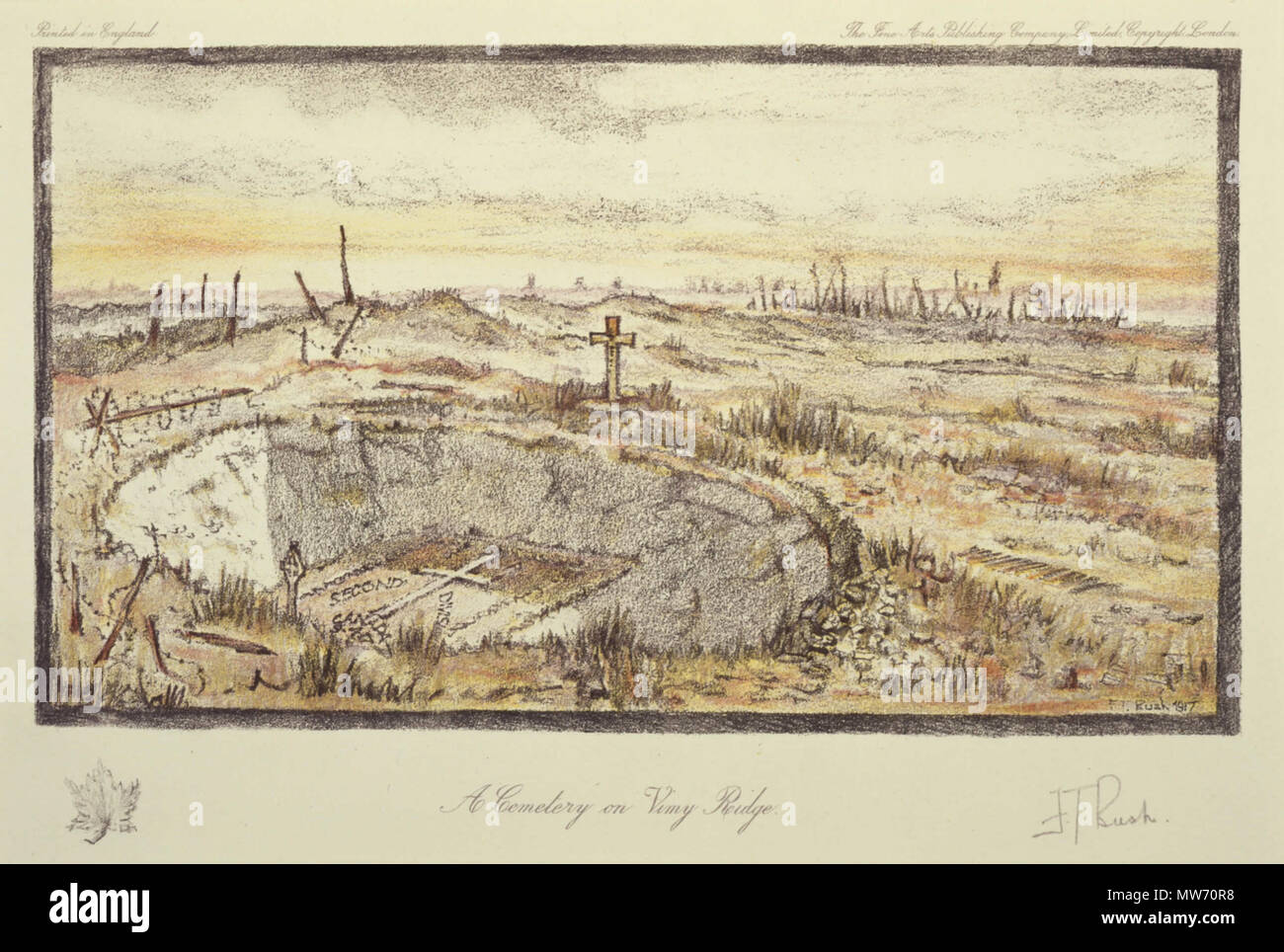 . Anglais : un cimetière à la crête de Vimy . Anglais : Ce dessin représente un monument au fond d'un cratère de shell en l'honneur des soldats de la 2e Division canadienne au cours de la bataille de la crête de Vimy. . 1917 19 Un cimetière à la crête de Vimy - Frederick Bush Thwaites Banque D'Images