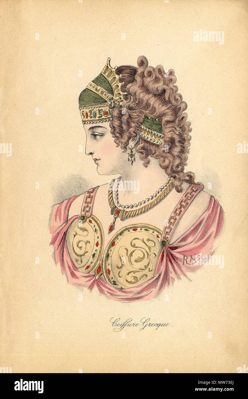 . Anglais : Coiffure Grecque. Une coiffure historique, à partir de la période grecque. Cette impression est offert, y compris le texte correspondant, qui explique comment la coiffure a été faite, et ce que (le cas échéant) les femmes portent l'ornementation. Les modèles sont souvent des femmes importantes de la période. vers 1890. R. Maury-Nissy 33 Album de coiffures Historques Descriptions avec plaque 1 Banque D'Images
