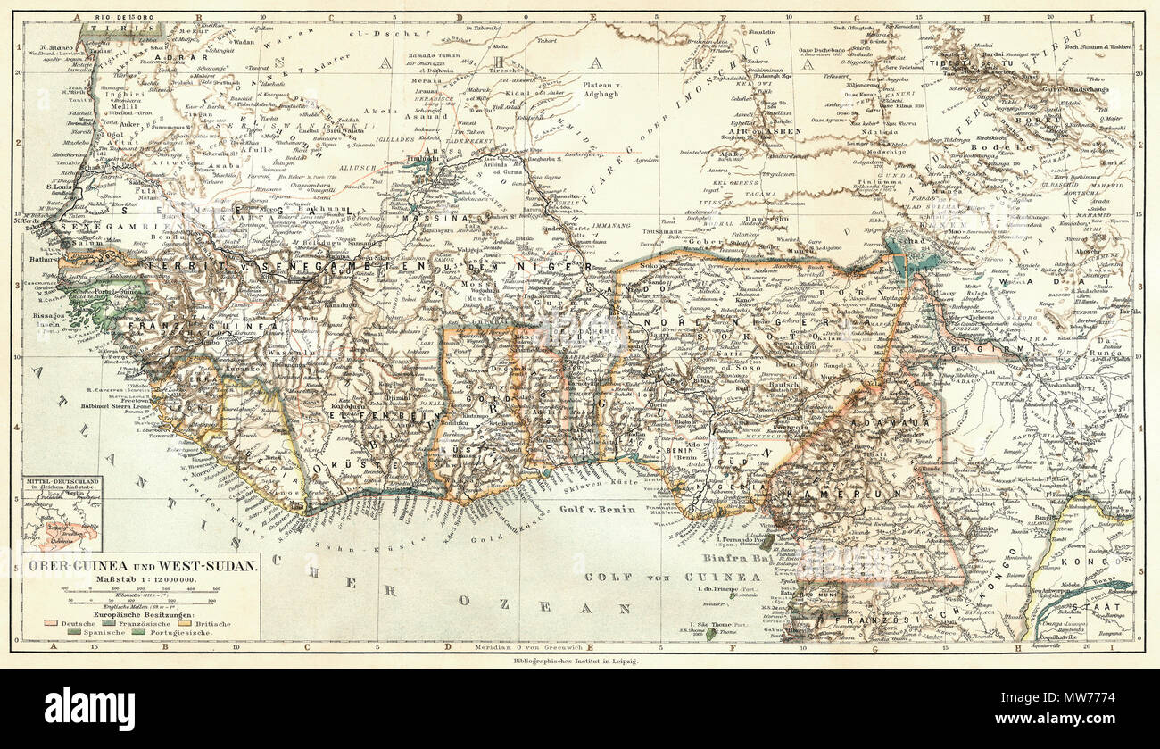 . Anglais : La Haute Guinée et l'ouest du Soudan (1905) Deutsch : Oberguinea und Westsudan (1905) Slovenčina : Horná Guinée la Liberación del Pueblo Sudán západný (1905) . 1905. Meyer, Hermann Julius (1826-1909) ; Bibliographisches Institut Leipzig 3090 ober-guinée-und-westsudan (1905) Banque D'Images