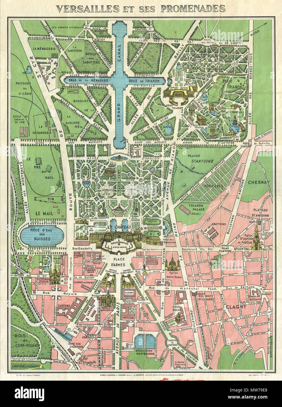 Versailles et ses promenades . Anglais : Une carte touristique avec un plan  général de Versailles et l'oiseau, vues de plusieurs caractéristiques  notables, y compris les bâtiments, de fontaines et de