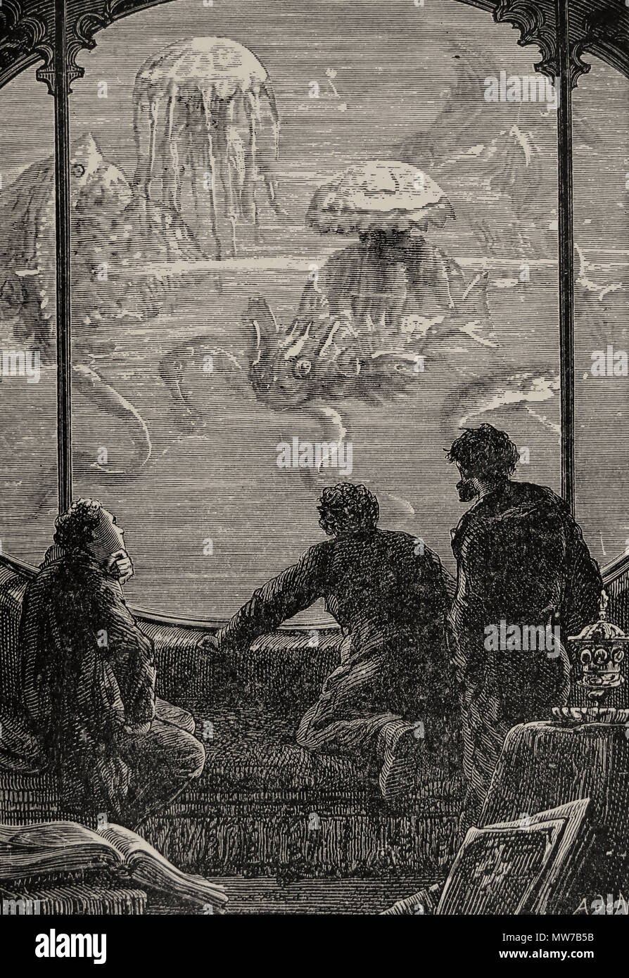 Une fenêtre ouverte sur ce gouffre inexploré. 'Vingt mille lieues sous les mers' de Jules Verne (1873, 2e éd.) NOUS Banque D'Images
