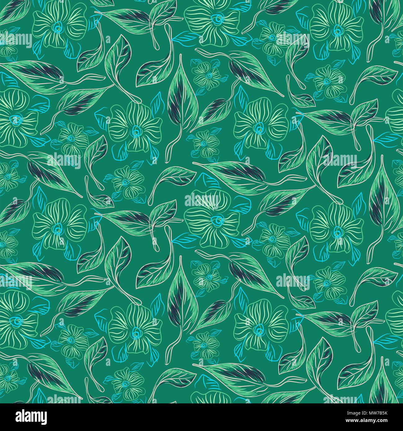 Fleurs et feuilles éclectique esquisse verte modèle vectoriel continu. Illustration de Vecteur