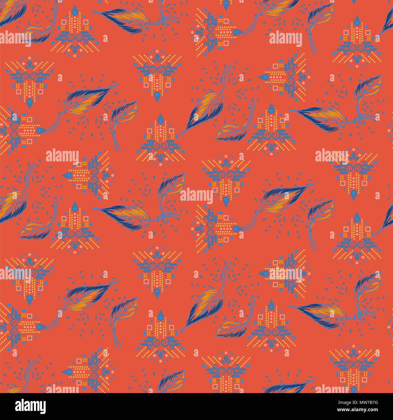 Fusion de l'éclectique et tribal rouge motif feuillage vectoriel continu. Illustration de Vecteur