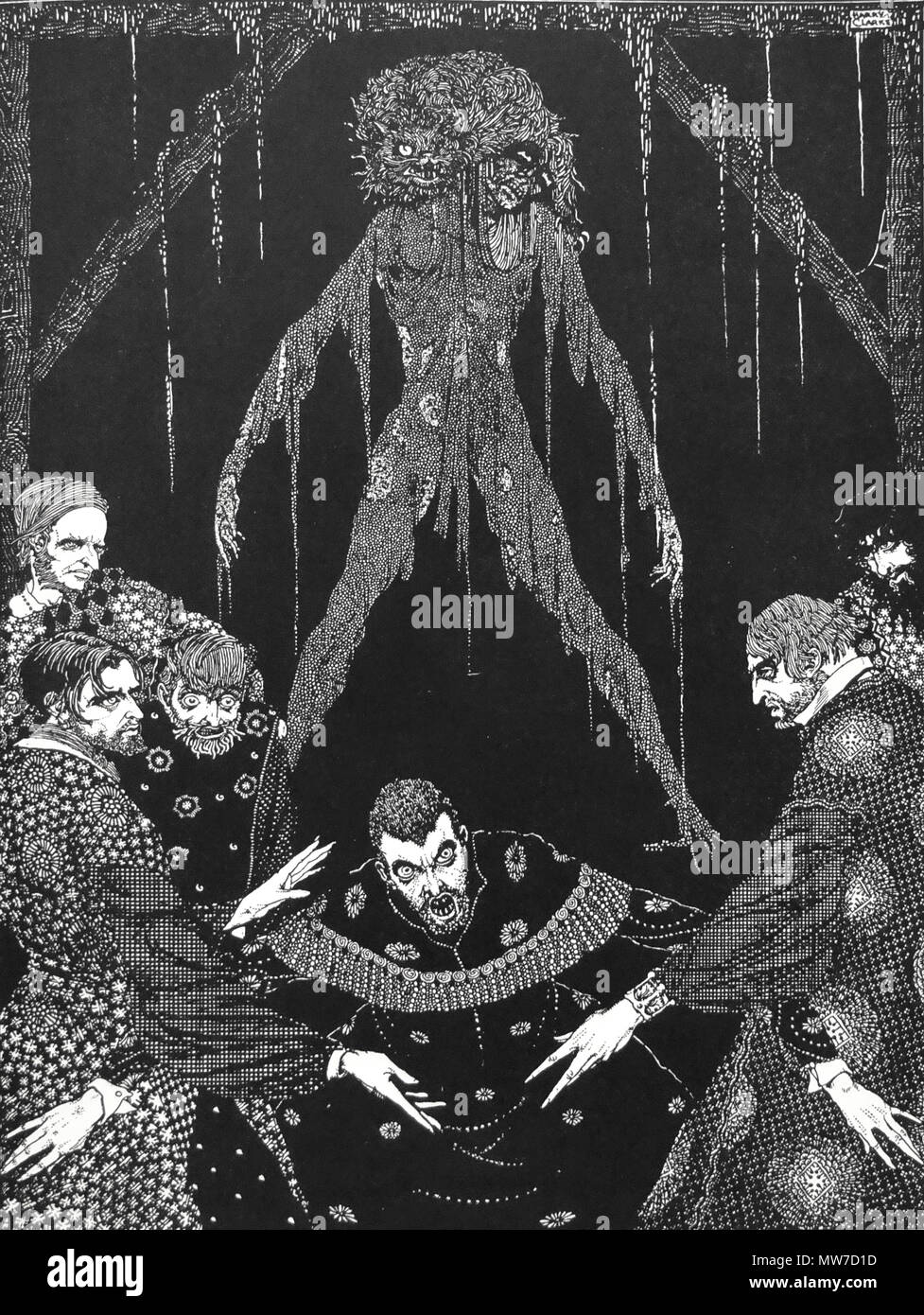 Harry Clarke - Illustrateur irlandais - 'J'avais la paroi jusqu'à l'intérieur de la tombe de monster !' Art par Harry Clarke pour Poe's 'Le Chat Noir' (1936) Banque D'Images