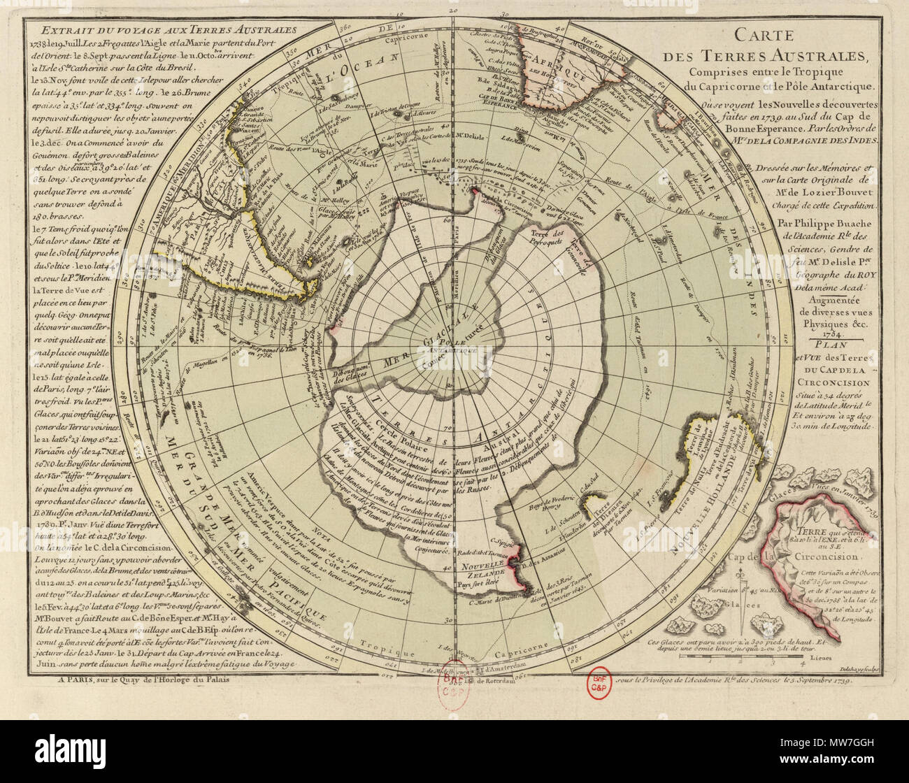 . Anglais : Carte de l'expédition de Jean-Baptiste Bouvet de Lozier, au cours de laquelle il a découvert l'Île Bouvet en 1739. Cette carte semble être une amélioration de la seconde édition (publiée en 1754 ?) un premier site afer a été publié en 1739 après l'immediatey Bouvet retour à la France. 1739 Ce site est également dans Wikimedia Commons comme : Fichier:antarctique, Île Bouvet, découverte du site 1739.jpg . Le titre français de ce nouveau site se lit comme suit : "des terres du sud entre le tropique du Capricorne et le pôle antarctique, où l'on voit les nouvelles découvertes faites en 1739 au sud du Cap de Bonne Espérance par ordonnances du (Français Banque D'Images