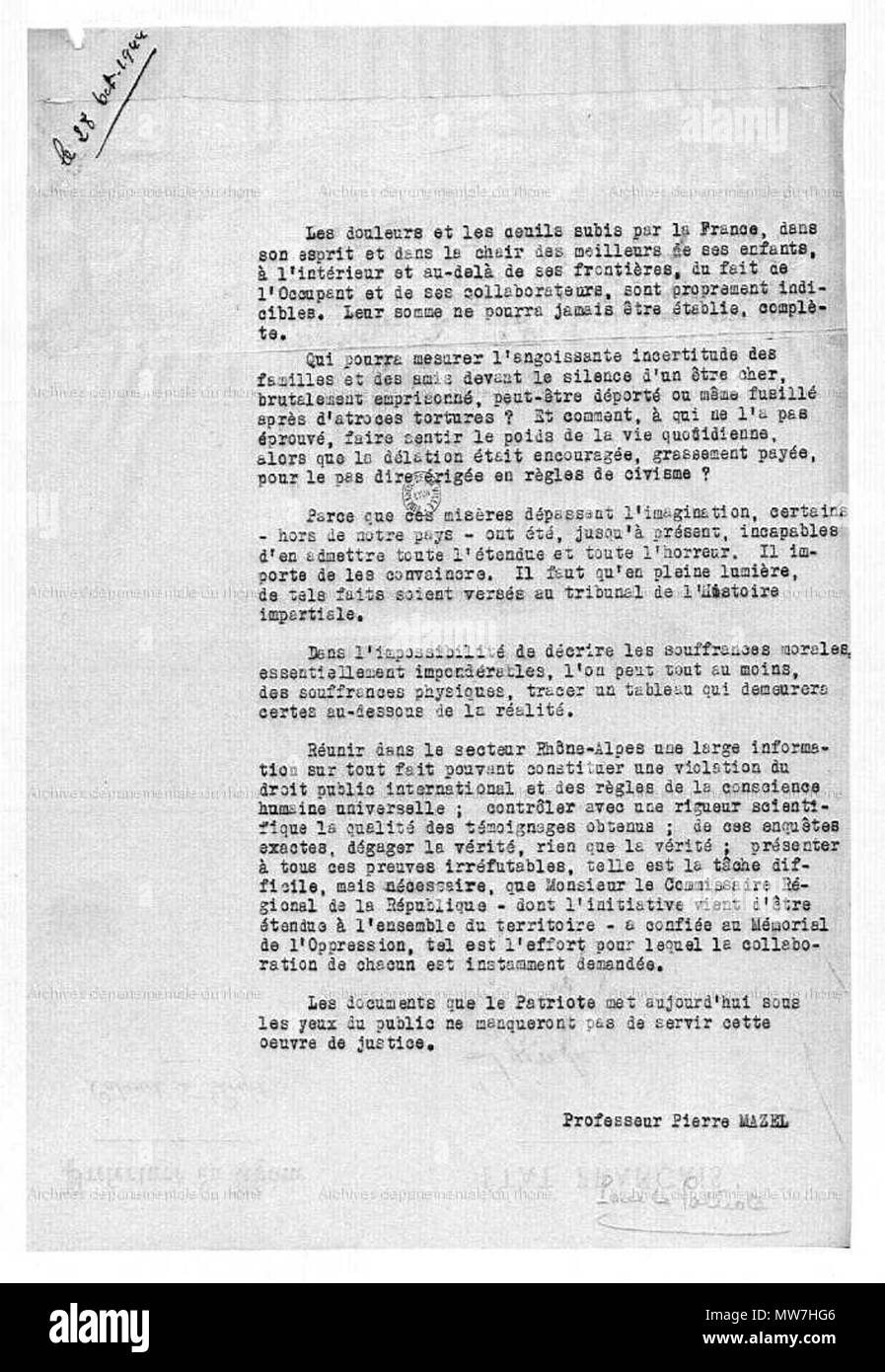 53 Appel aux témoins des crimes de guerre ennemis dans le département du Rhône, 1944 (page 2) Banque D'Images