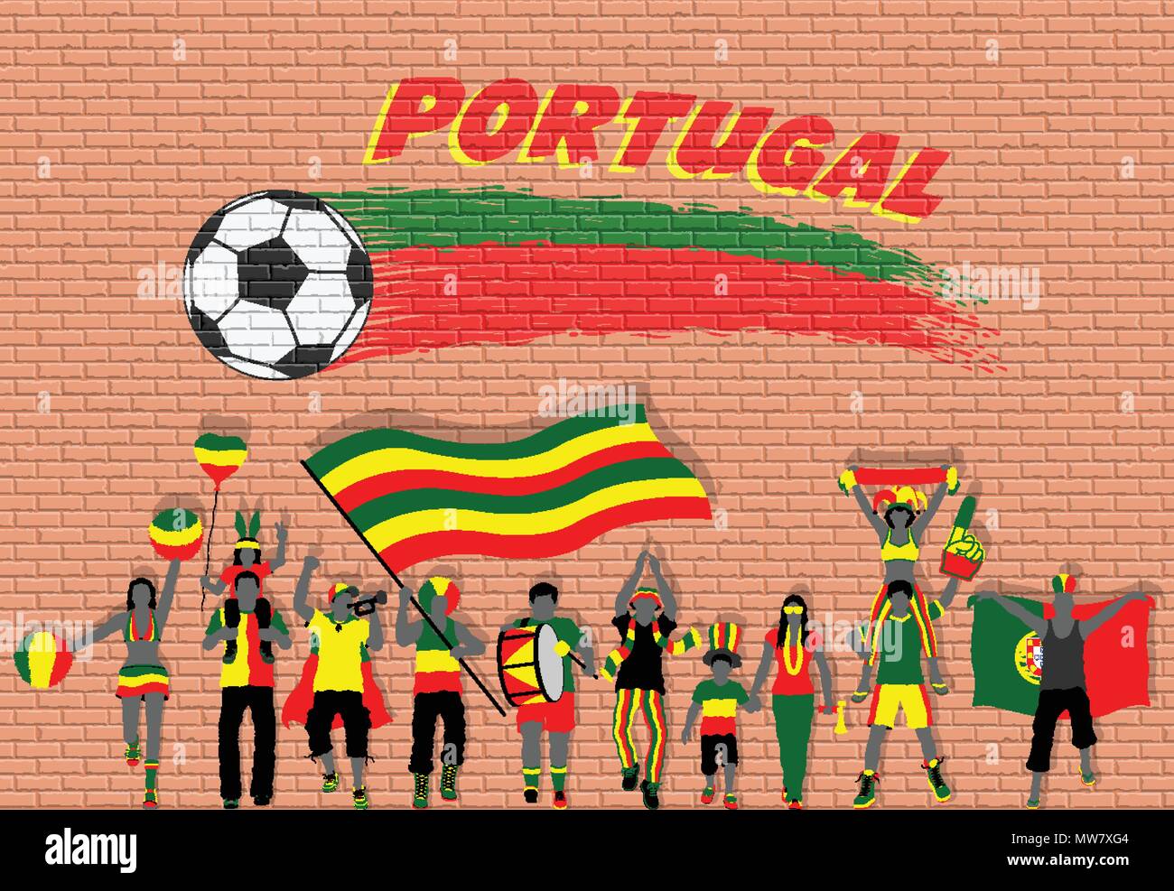 Acclamations des fans de football portugais Portugal avec les couleurs du drapeau en face de ballon de soccer des graffitis. Tous les objets sont dans des couches différentes et le texte typ Illustration de Vecteur