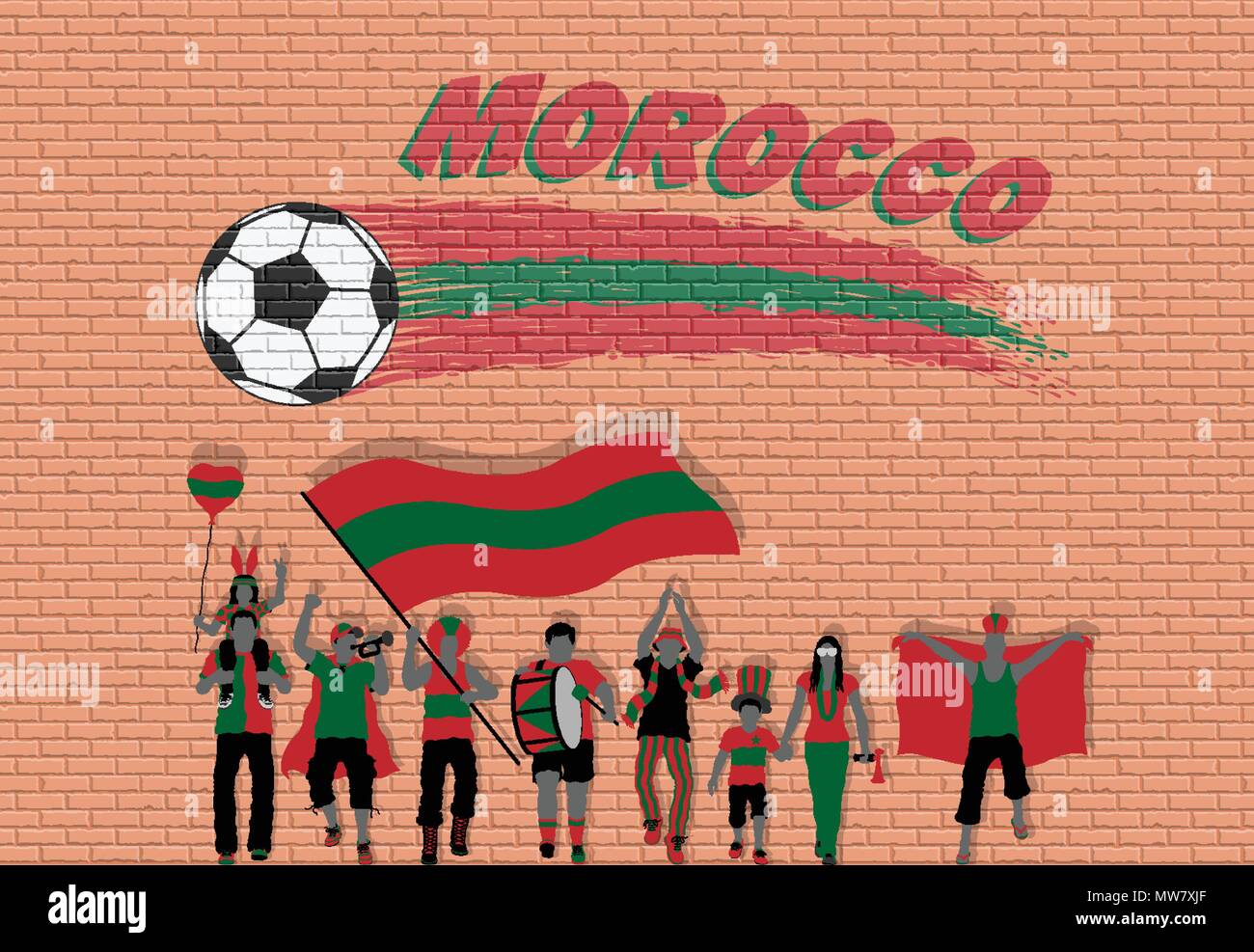 Football fans cheering marocain avec le Maroc couleurs du drapeau en face de ballon de soccer des graffitis. Tous les objets sont dans des couches différentes et les types de texte Illustration de Vecteur