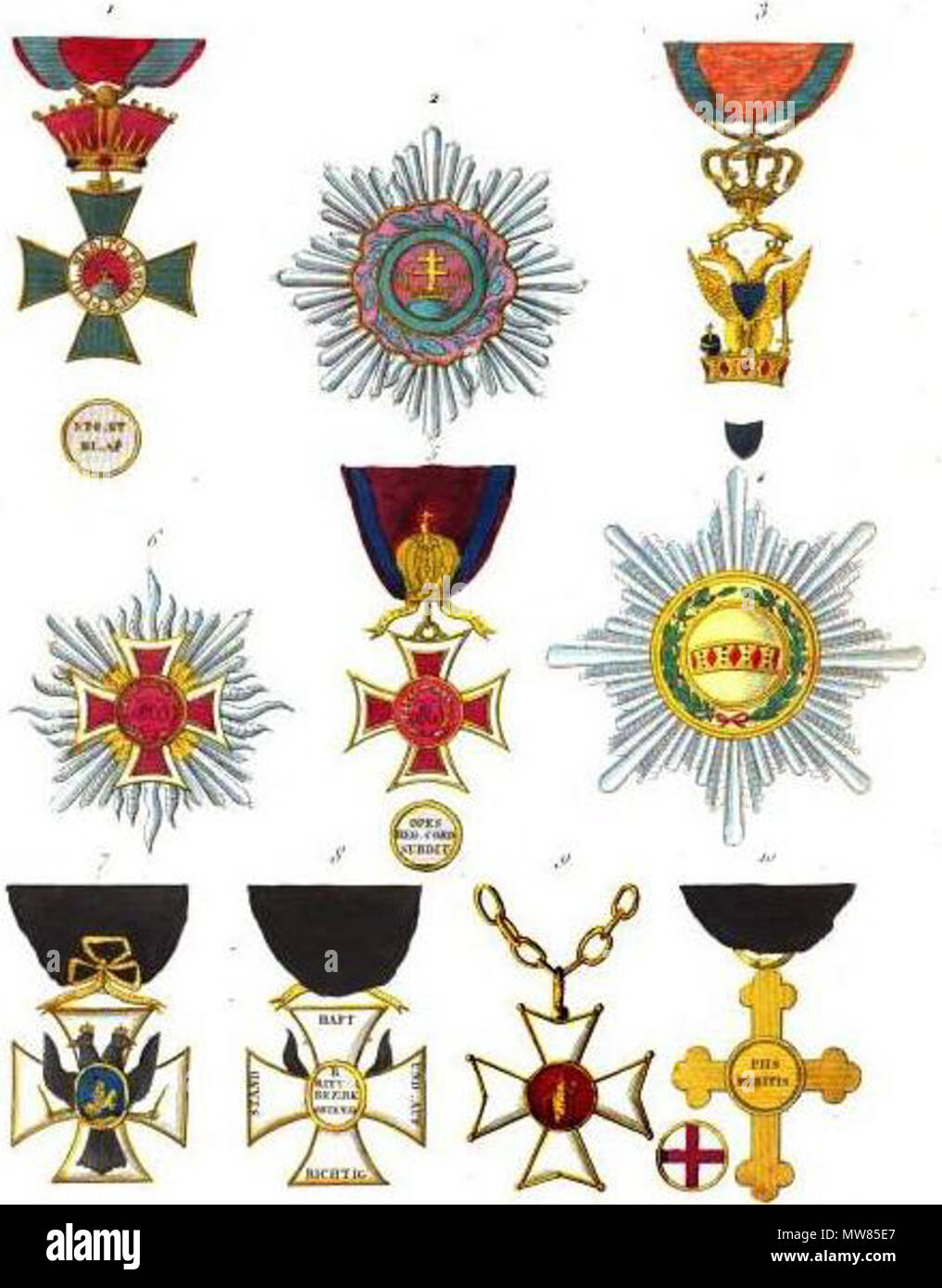 . English : Collection historique des ordres de chevalerie civils et militaires... Anglais : Collection d'historique des ordres de chevalerie civils et militaires de... : 1. Ordre de Saint Etienne de Hongrie, un badge (Autriche) 2. Ordre de Saint Etienne de Hongrie, star (Autriche) 3. Ordre de la Couronne de fer, d'un insigne (Autriche) 4. Ordre de la Couronne de fer, star (Autriche) 5. Ordre de Léopold, badge (Autriche) 6. Ordre de Léopold, star (Autriche) 7.  < ? <inconnu > ? > Croix militaire, avers (Autriche) 8.  < ? <inconnu > ? > Croix militaire, marche arrière (Autriche) 9. Ordre de Saint Rupert, badge (Salzbourg, Autriche) 10. Croix du Mérite Banque D'Images