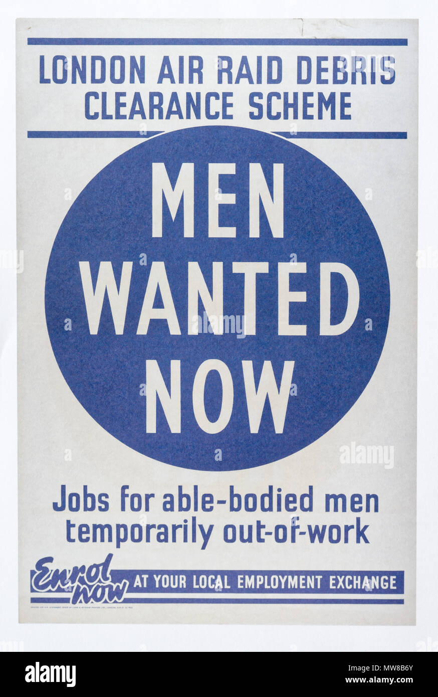 Une seconde guerre mondiale affiche appel aux volontaires pour les travaux de nettoyage des débris de l'air - Les hommes voulaient maintenant Banque D'Images