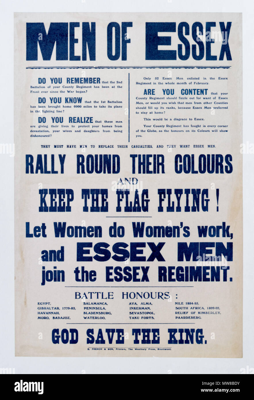La première guerre mondiale, un appel aux volontaires de l'affiche dans l'Essex pour rejoindre le régiment Essex Banque D'Images