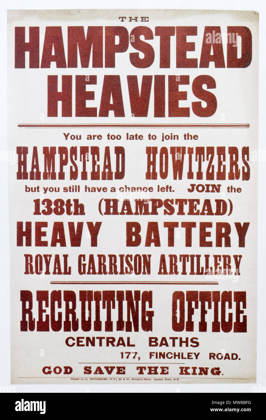 La première guerre mondiale, un appel aux volontaires de l'affiche à Hampstead pour rejoindre le Hampstead Heavies, la 138e batterie lourde de Hampstead Banque D'Images