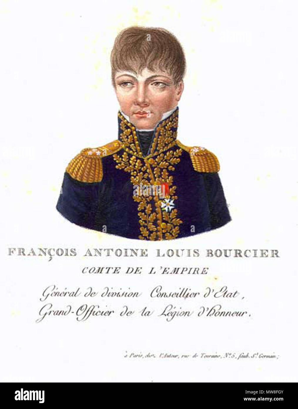 . Anglais : François Antoine Louis Bourcier (1760-1828), comte de l'empire, général de division, Counsilor d'État, grand officier de la Légion d'honneur, coloriée à imprimer sur cuivre. Gravure crépi. English : François Antoine Louis Bourcier (1760-1828), Compte de l'Empire, général de division, Conseiller d'Etat, Grand-Officier de la Légion d'Honneur . vers 1815. Inconnu 95 Bourcierdet Banque D'Images