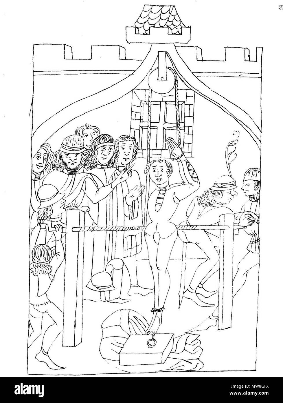 . Deutsch : Peter von Hagenbach wird gefoltert (retour d'bei Mone, Quellensammlung Bd. 3, Tafelanhang nach der verbrannten Straßburger Handschrift fol. 205a, zum Text éd. Mone S. 374) . Nachzeichnung 16. Jh. eines Vorlage des 15. Jh.. Inconnu 97 Reimchronik Breisacher Banque D'Images