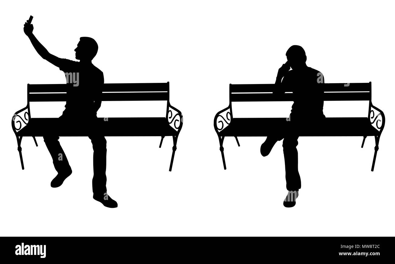 Les hommes avec le téléphone sur un banc isolé sur blanc Banque D'Images