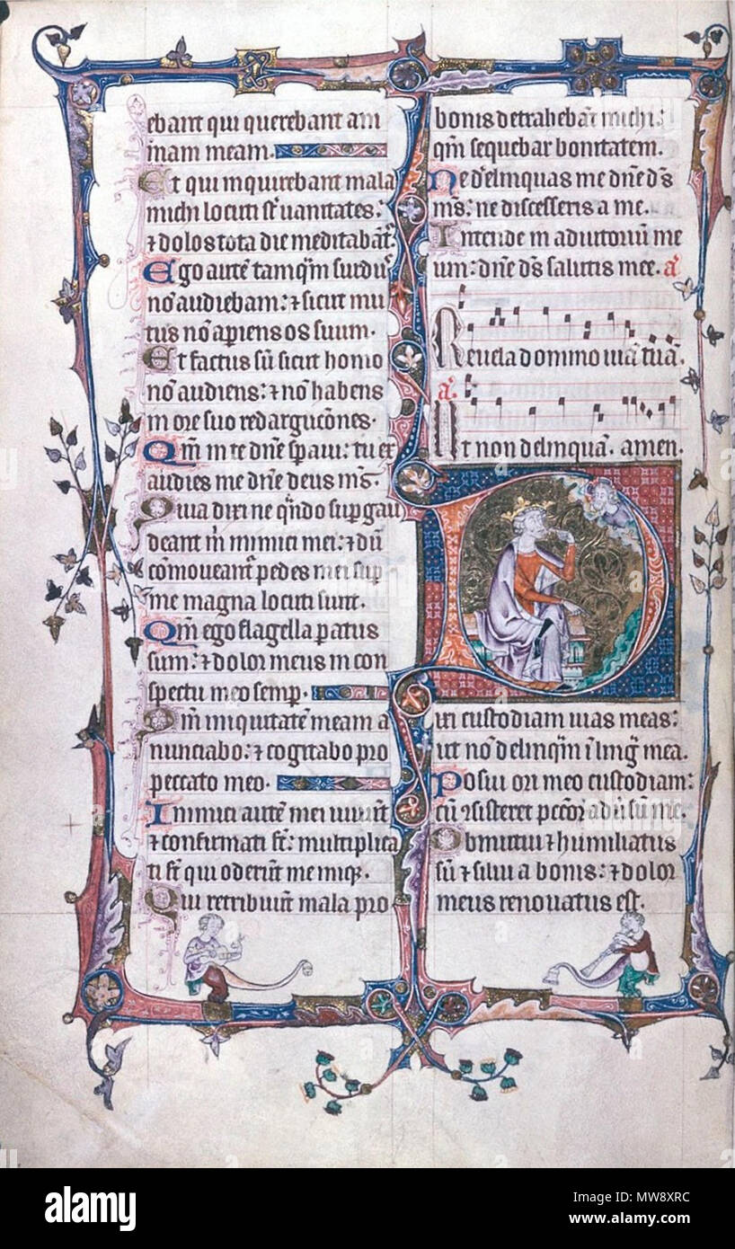 . Anglais : Folio 33v du Psautier Howard et heures, initiale historiée et frontière avec drolleries marginal. 14e siècle. 285 vHistortiatedInitial HowardPsalterFol033anonyme Banque D'Images
