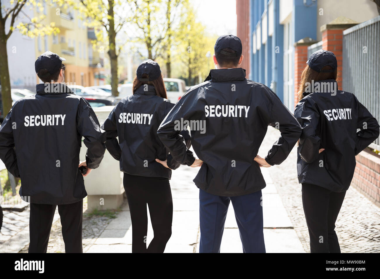 Vue arrière des agents de sécurité avec les mains derrière Retour Standing in a Row Banque D'Images