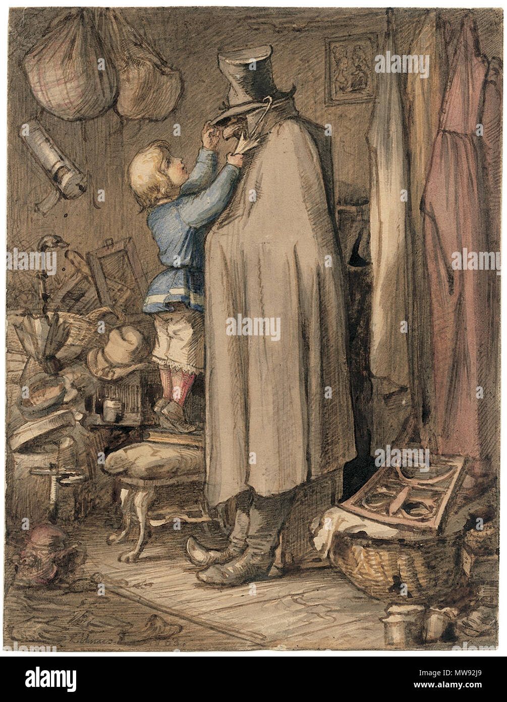 . Deutsch : Auf dem Dachboden : Ein Knabe verkleidet dans Garderobenständer Schreckgestalt einen eine. Aquarell über Feder dans Braun, auf Velin. 15 x 11,5 cm. Liens Unten signiert und datiert : 'L.Vénus 1863'. . 63 août 1863 Auf dem Dachboden Vénus Leopold Banque D'Images