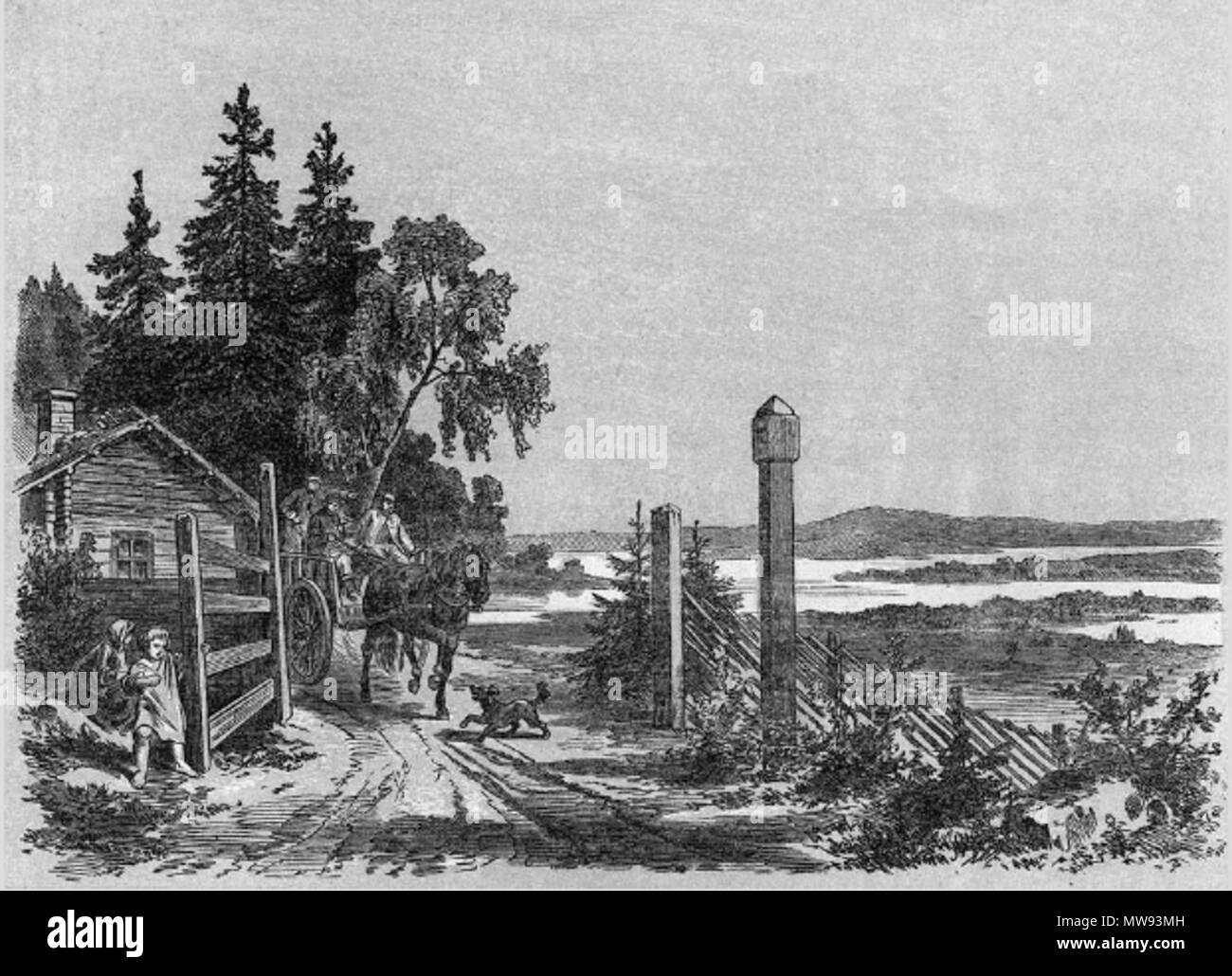 . Svenska : En man kör med häst och kärra längs en finländsk landskapsscen landsväg, med en jusqu'höger. Illustration i Zacharias Topelius j'en Finlande resa av Bernhard Reinhold. Anglais : Un homme de la conduite avec le cheval et une charrette sur une route de campagne, avec une scène de paysage vers la droite. Zacharias Topelius dans Illustration's en Finlande (resa j un voyage en Finlande) par Bernhard Reinhold. 19e siècle. Bernhard Reinhold Reinhold B 66 En Finlande je resa Banque D'Images