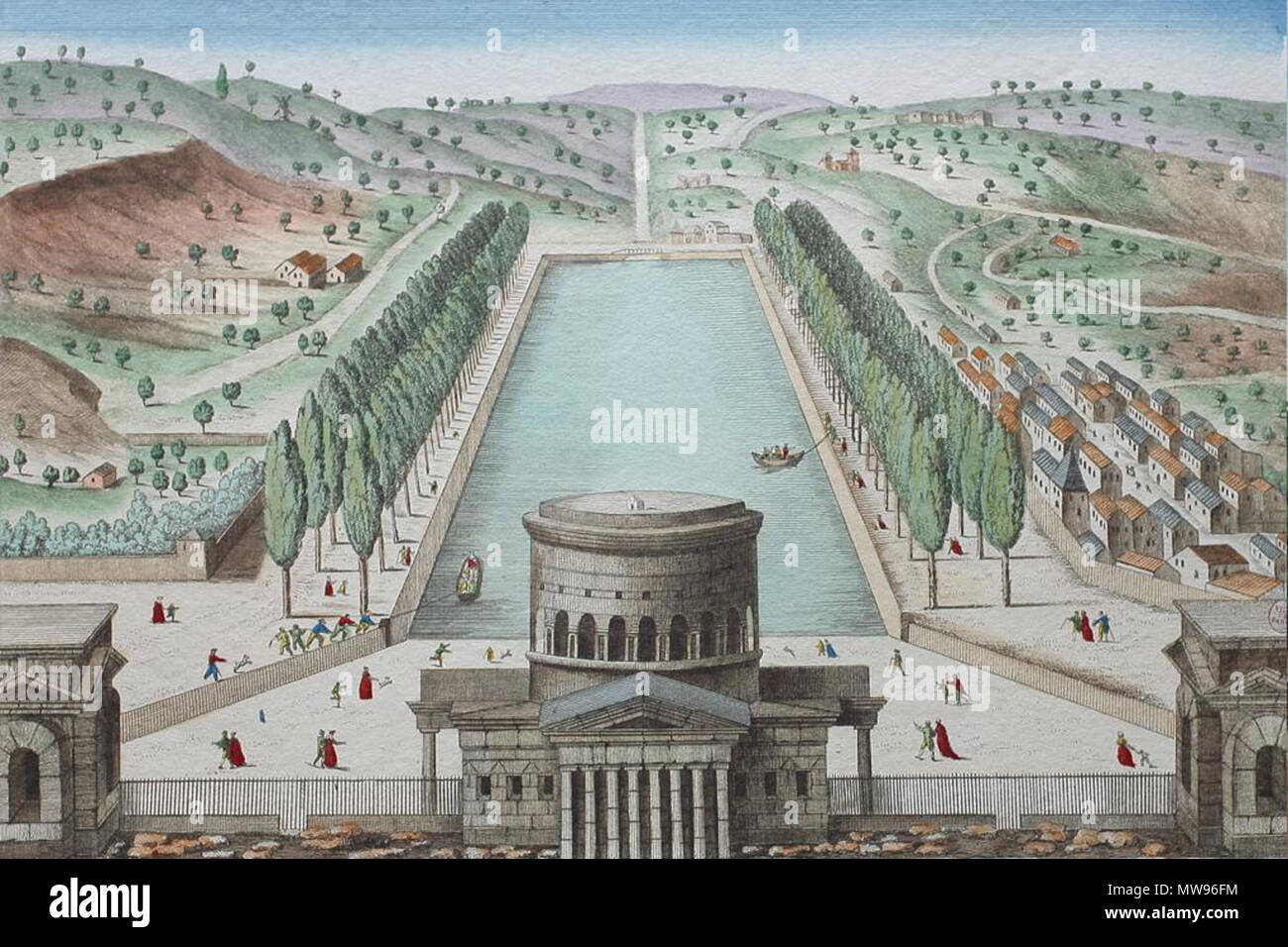 . English : Vue de la barrière Saint-Martin et du bassin du canal de l'Ourcq. eau-forte coloriée Deutsch : Rotonde und Bassin de la Villette, Paris. unsignierte colorierte, Radierung . vers 1820 74 Bassin de la Villette 1820 Banque D'Images