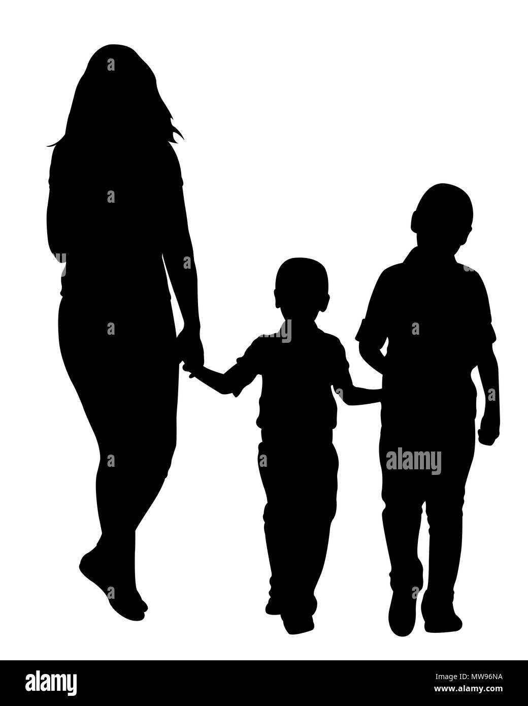 Mère avec enfants silhouettes isolated on white Banque D'Images